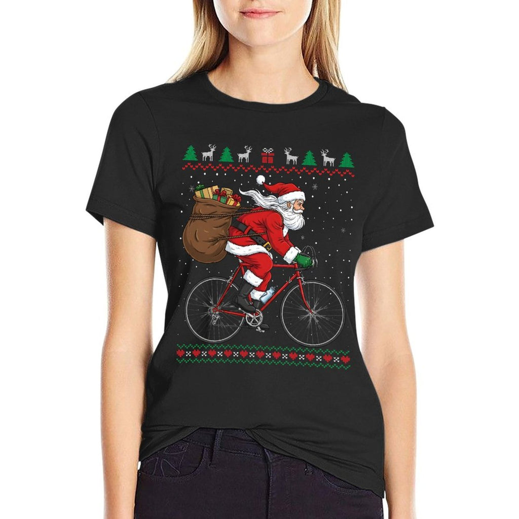 Santa Claus Riding Bicycle Christmas Funny Ugly Sweater  Easy-care T-Shirt