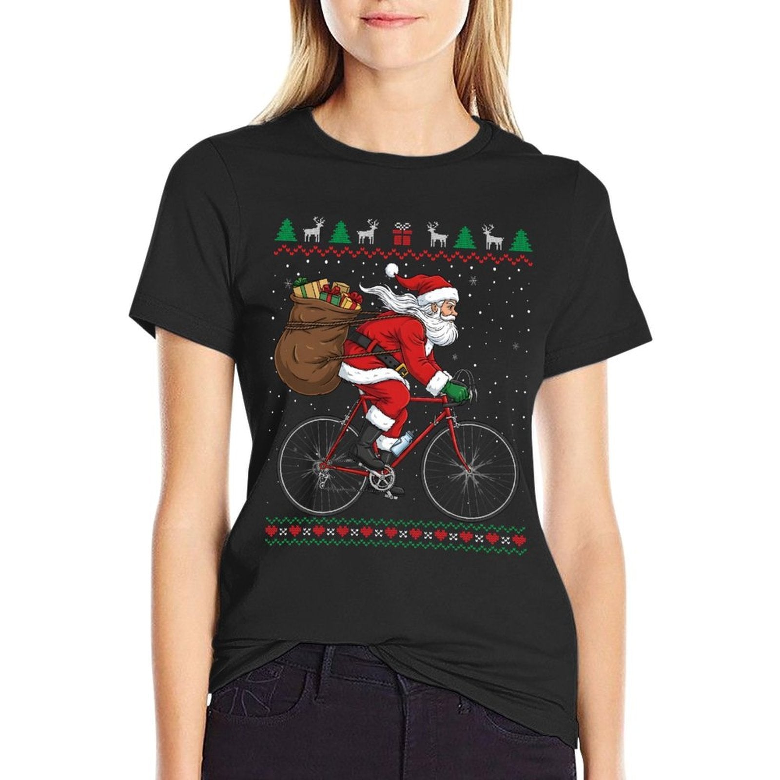 Santa Claus Riding Bicycle Christmas Funny Ugly Sweater  Easy-care T-Shirt