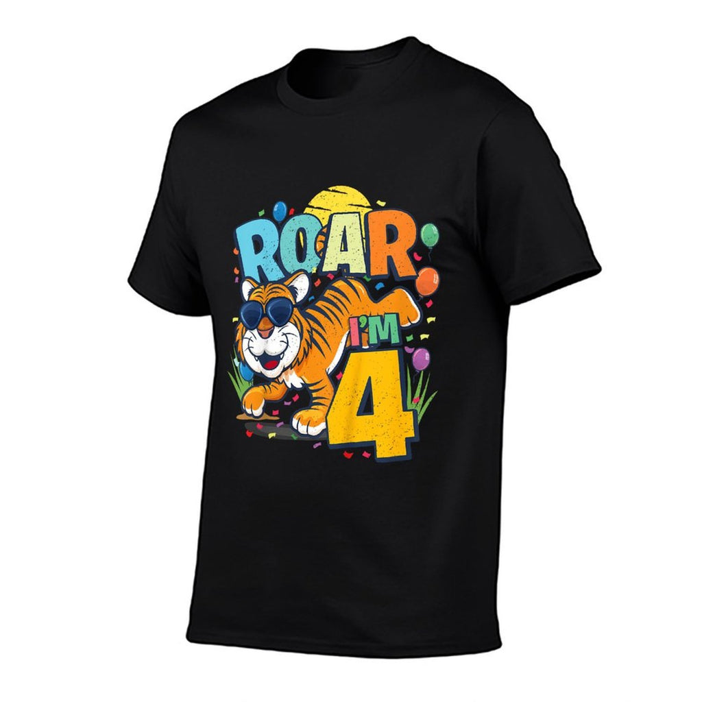 Kids 4th Birthday ROAR I'M 4 Year Old Boys Tiger Safari Gift Top  Fade-proof Color T-Shirt