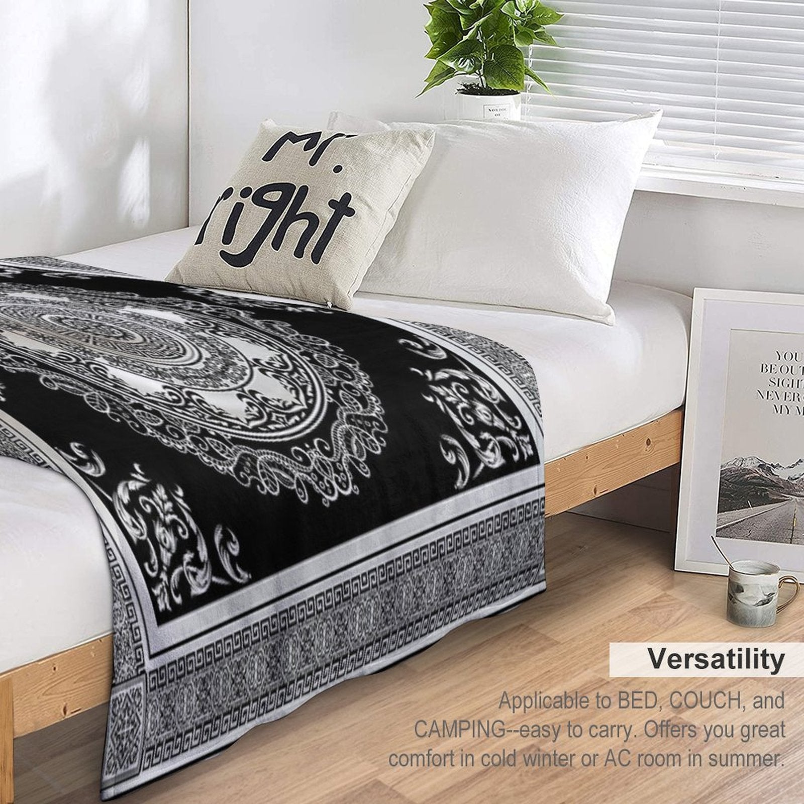 Baroque Ornate Cream And Black Greek Key Compact Throw Blanket