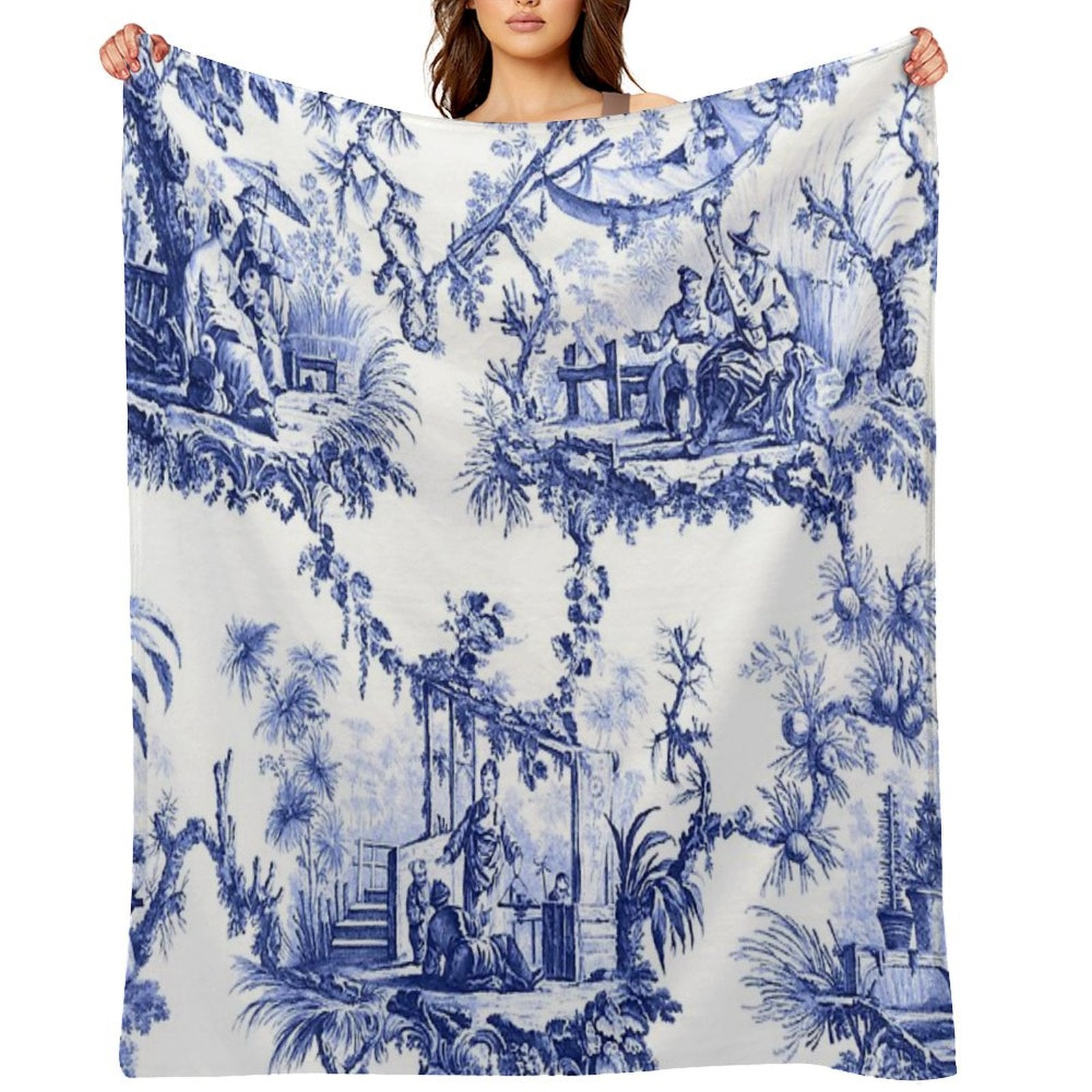 Blue Chinoiserie Toile Sustainable Throw Blanket