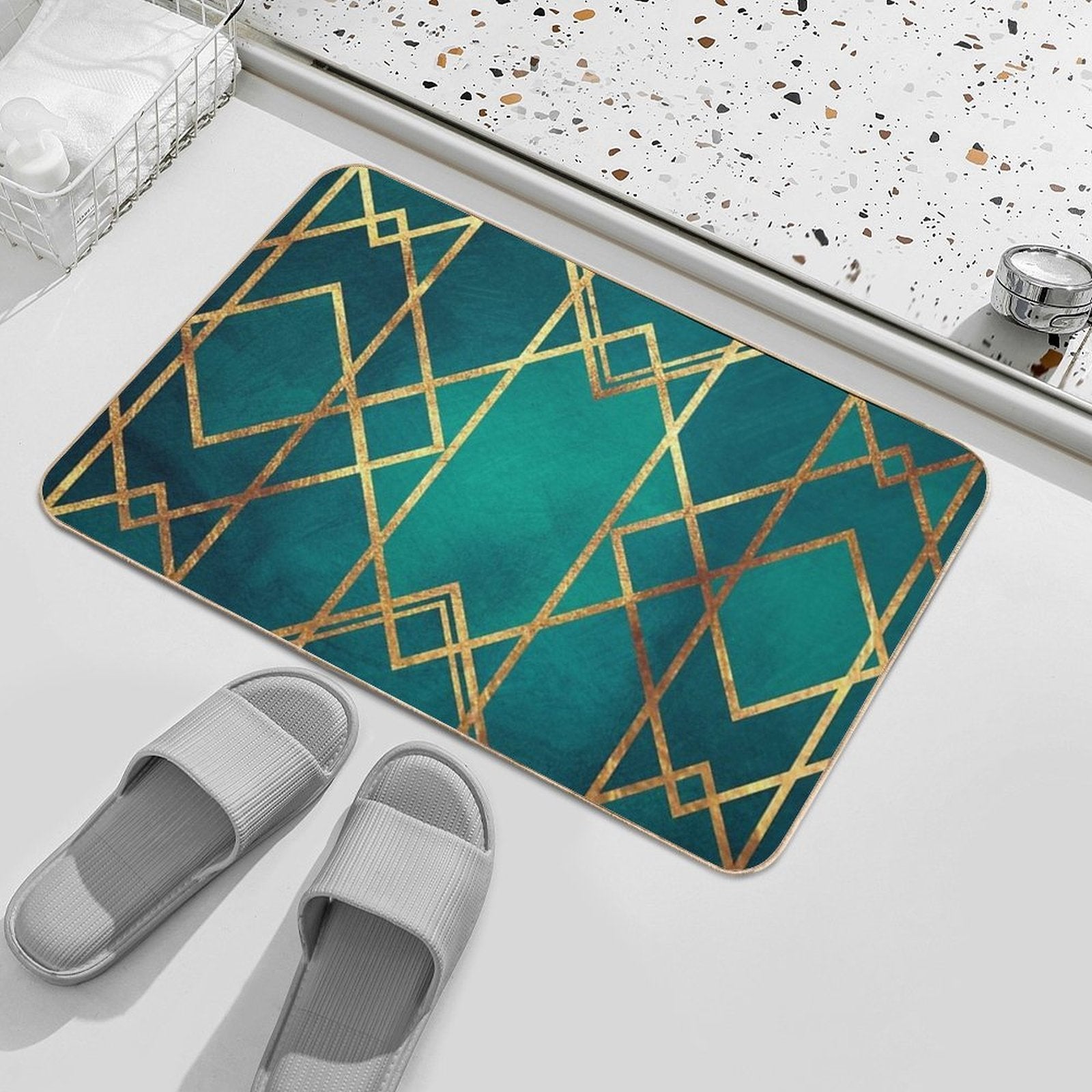 Green Gold Geometric  Long-Lasting Bath Mat