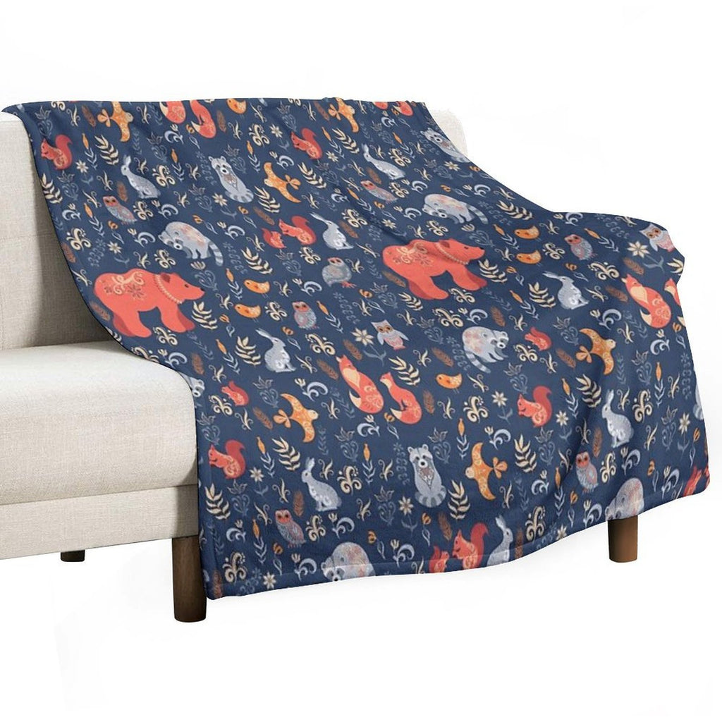 Fairy-tale Forest. Fox, Bear, Raccoon, Owls, Rabbits, Flowers And Herbs on A Blue Background. Plush Throw Blanket