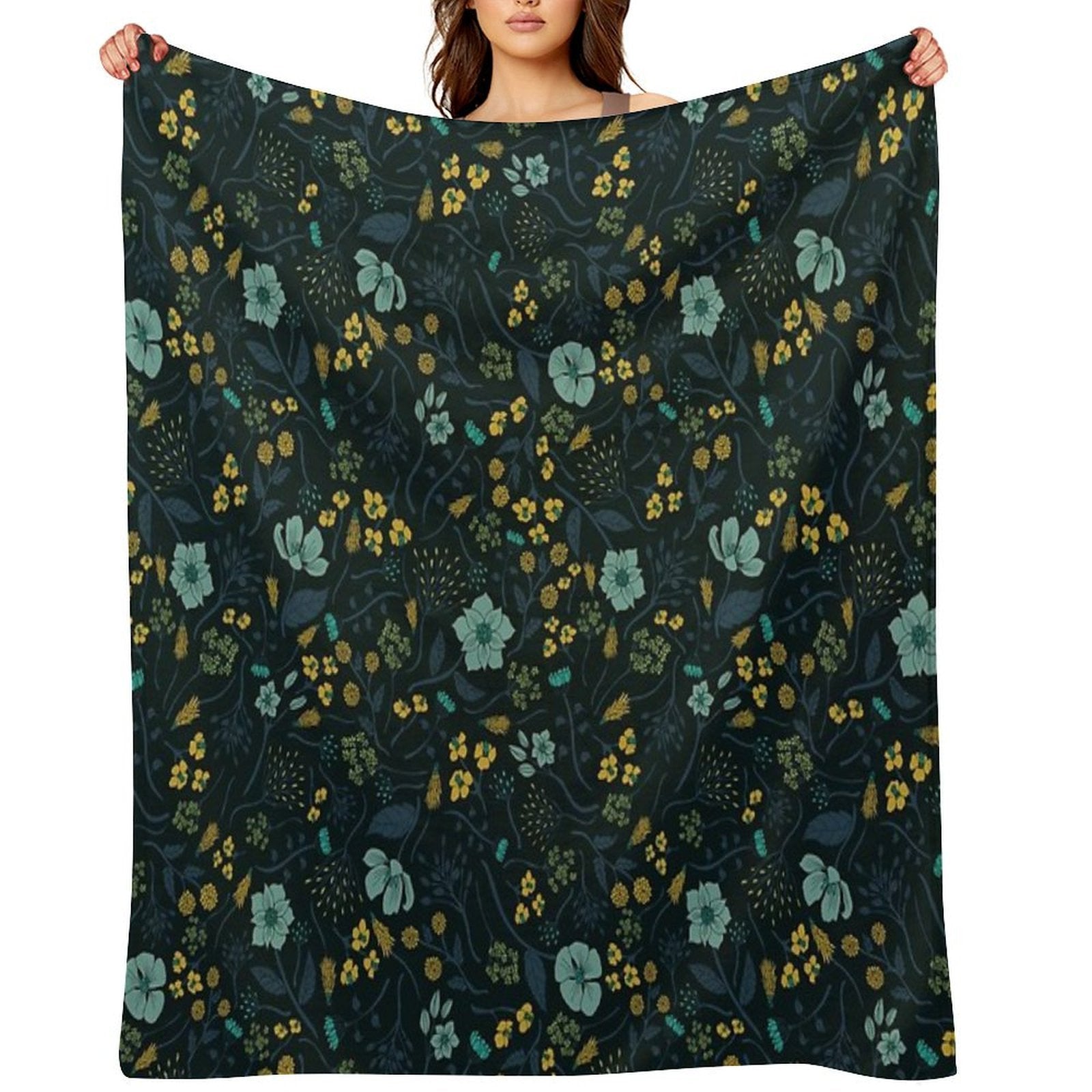 Turquoise, Yellow, Green & Dark Blue Floral Pattern Versatility Throw Blanket