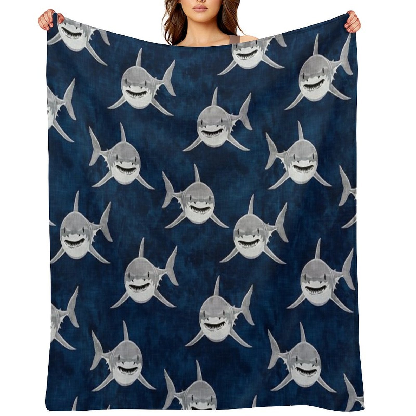 Sharks! - Dark Blue Sustainable Throw Blanket