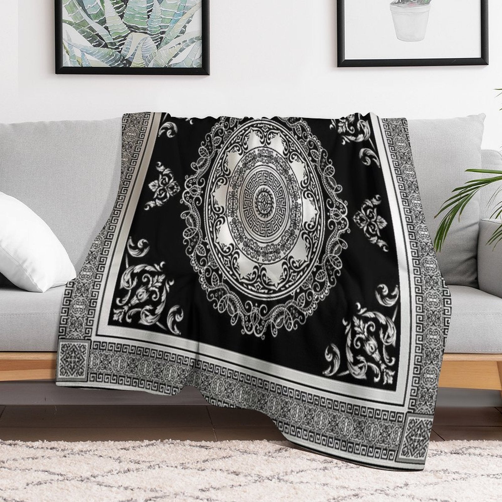 Baroque Ornate Cream And Black Greek Key Compact Throw Blanket