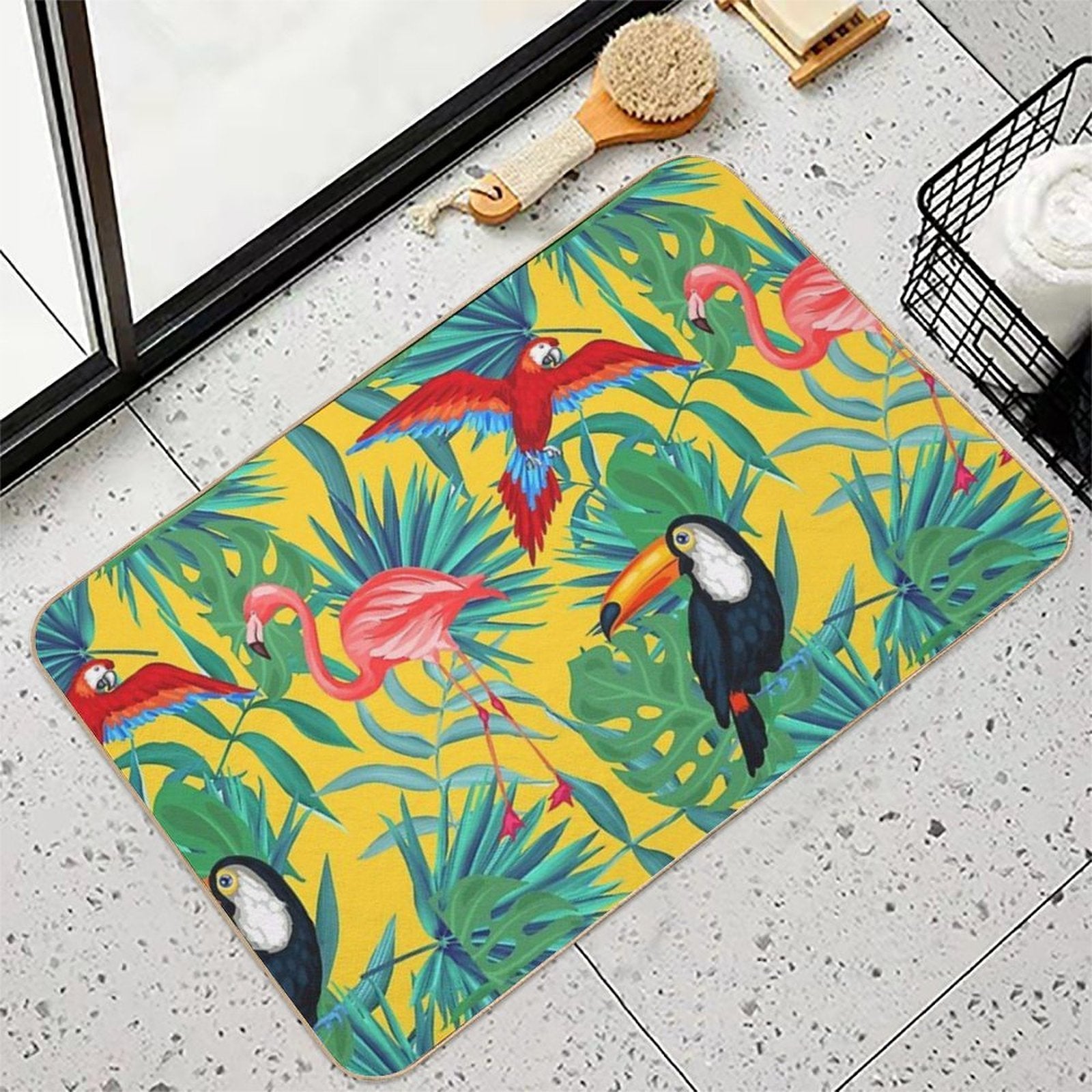 Tropical Bird Yellow Background  Absorbent Bath Mat