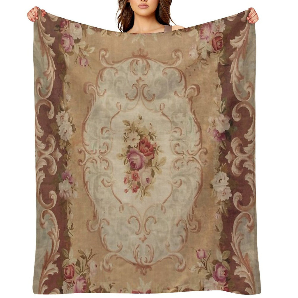 Antique Rose Floral French Aubusson Rug Print Premium Throw Blanket