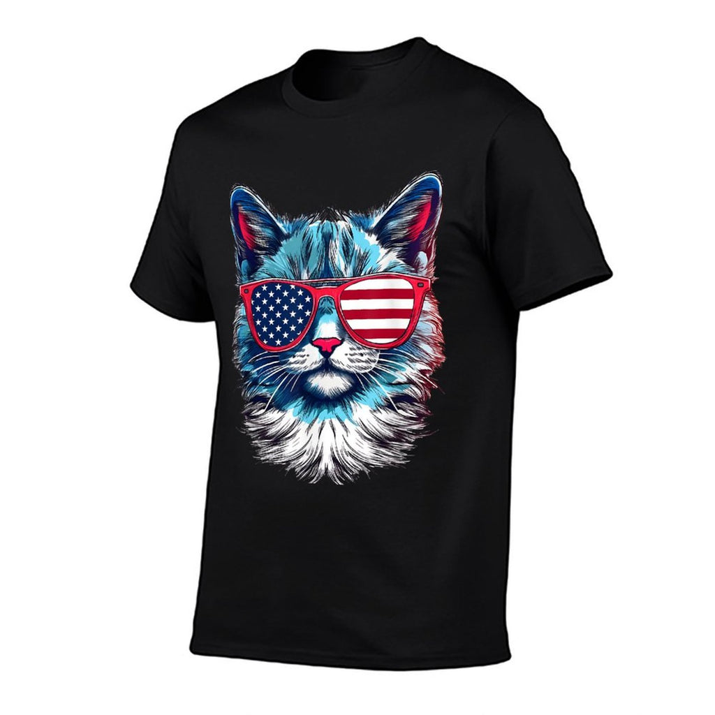 American Cat Sunglasses USA 4th of July Cat Graphic  Slim-fit Cut T-Shirt