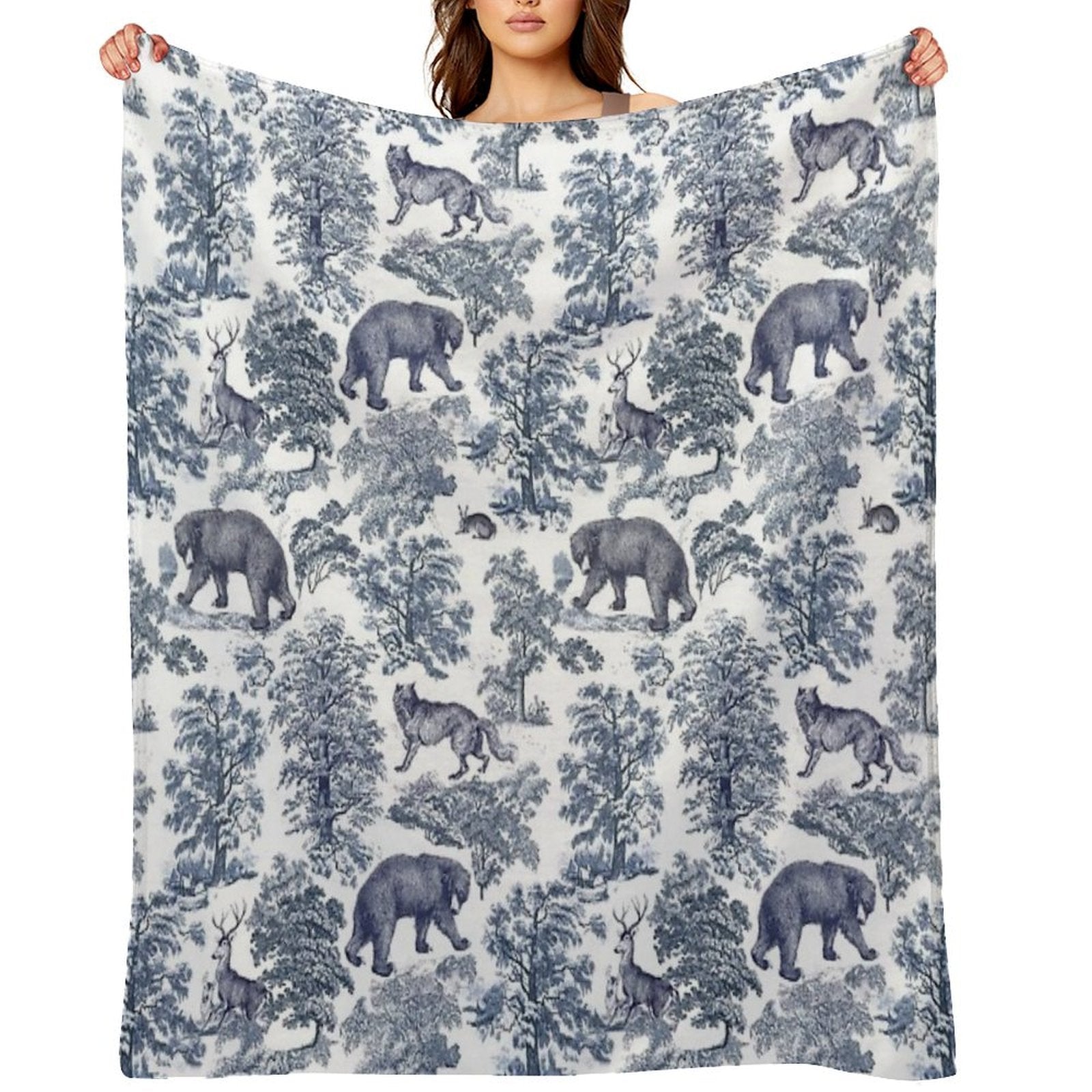 Elegant Vintage Blue Bear Forest Animals Toile Pattern Travel-friendly Throw Blanket
