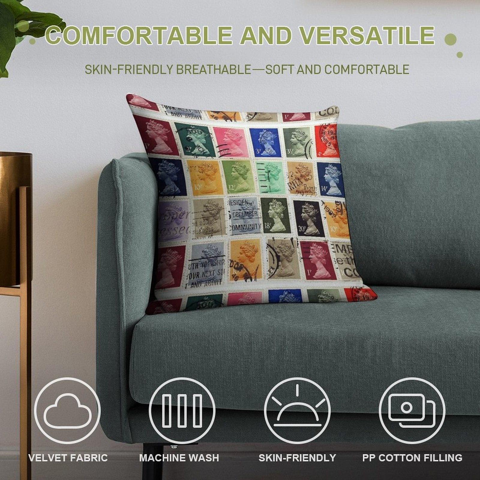 British Postage Stamps with A Queen Elizabeth Profile. Soft Luxury Feel Throw Pillow