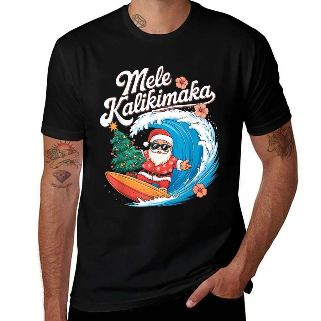 Vintage Cute Mele Kalikimaka Christmas Santa Surfing Costume  Graphic-printed T-Shirt