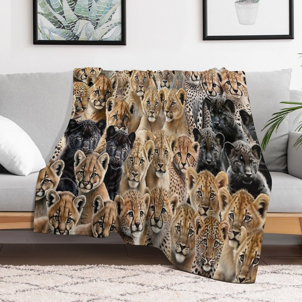 The Big-Little Roar Collage, Majestic Cubs, Baby Lions, Leopards, Cheetahs, Panthers And Cougars Easy Care Throw Blanket