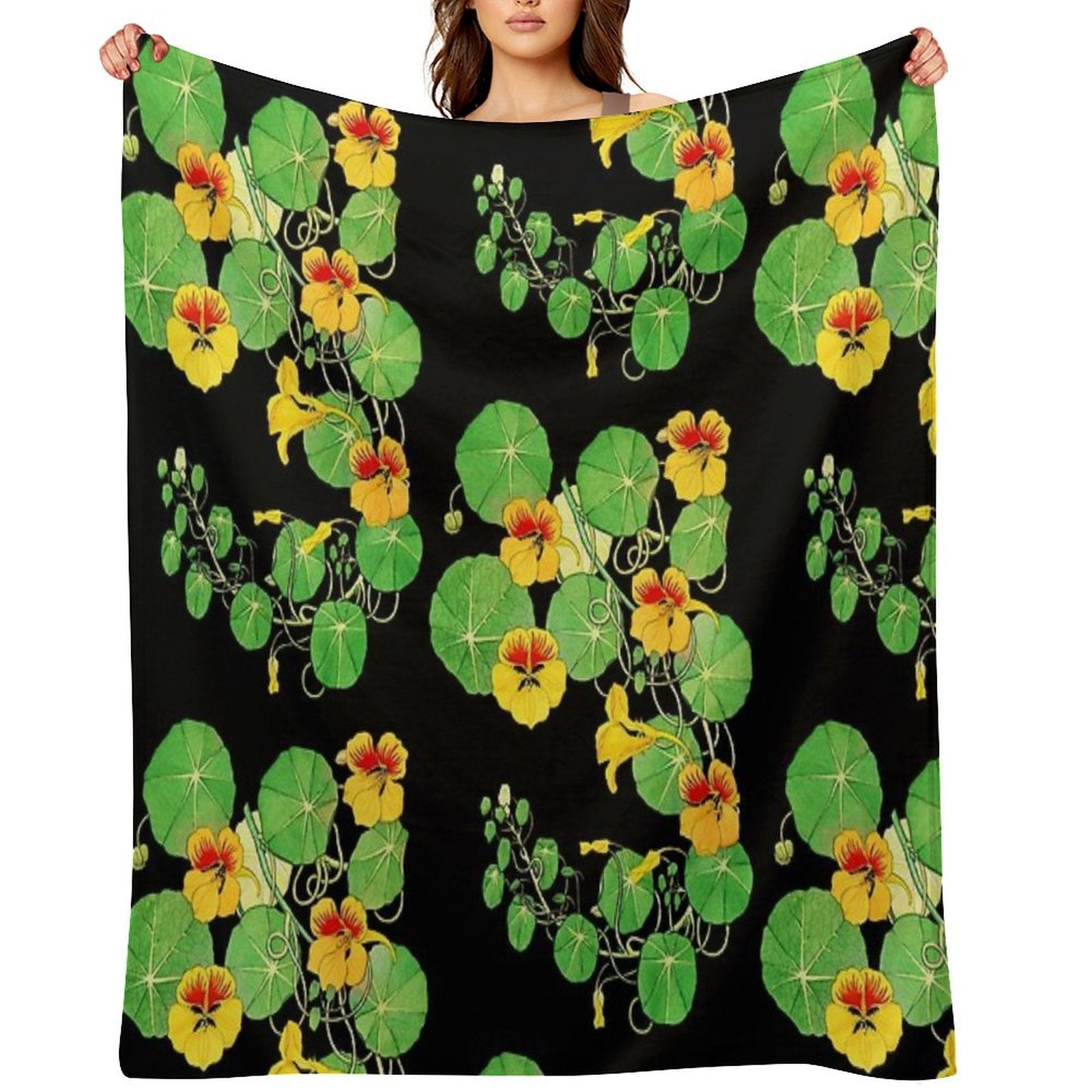 Yellow Nasturtium Flower  Botanical Illustration Gift-ready Throw Blanket