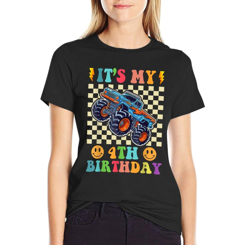 4 Year Old 4th Birthday Boy Monster Truck Car  Stretchy T-Shirt