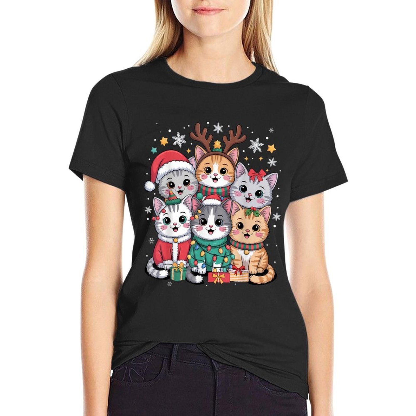 Cat Christmas Men Women Kids Santa Reindeer Kitten Cat Xmas  Rolled Sleeves T-Shirt