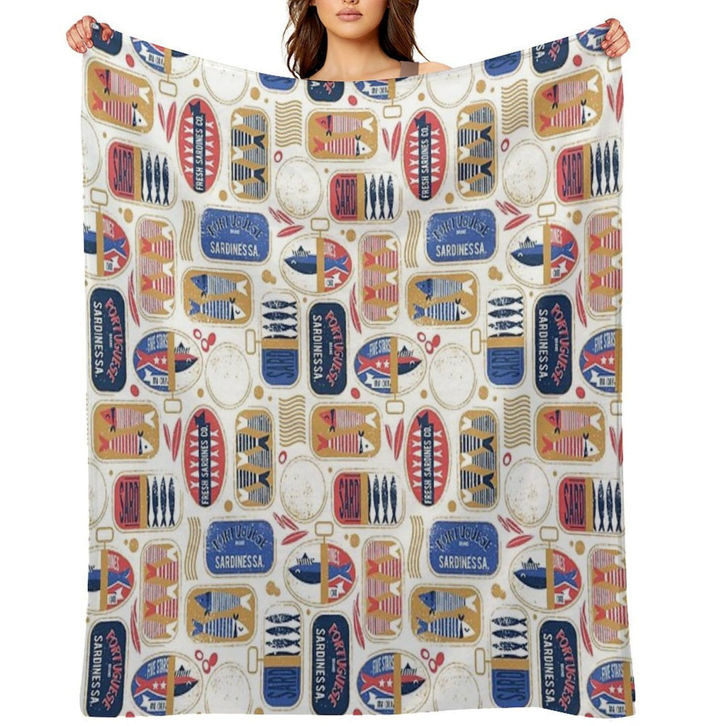 Vintage Canned Sardines  White Background Electric Blue And Mandy Red Cans Velvety-soft Throw Blanket
