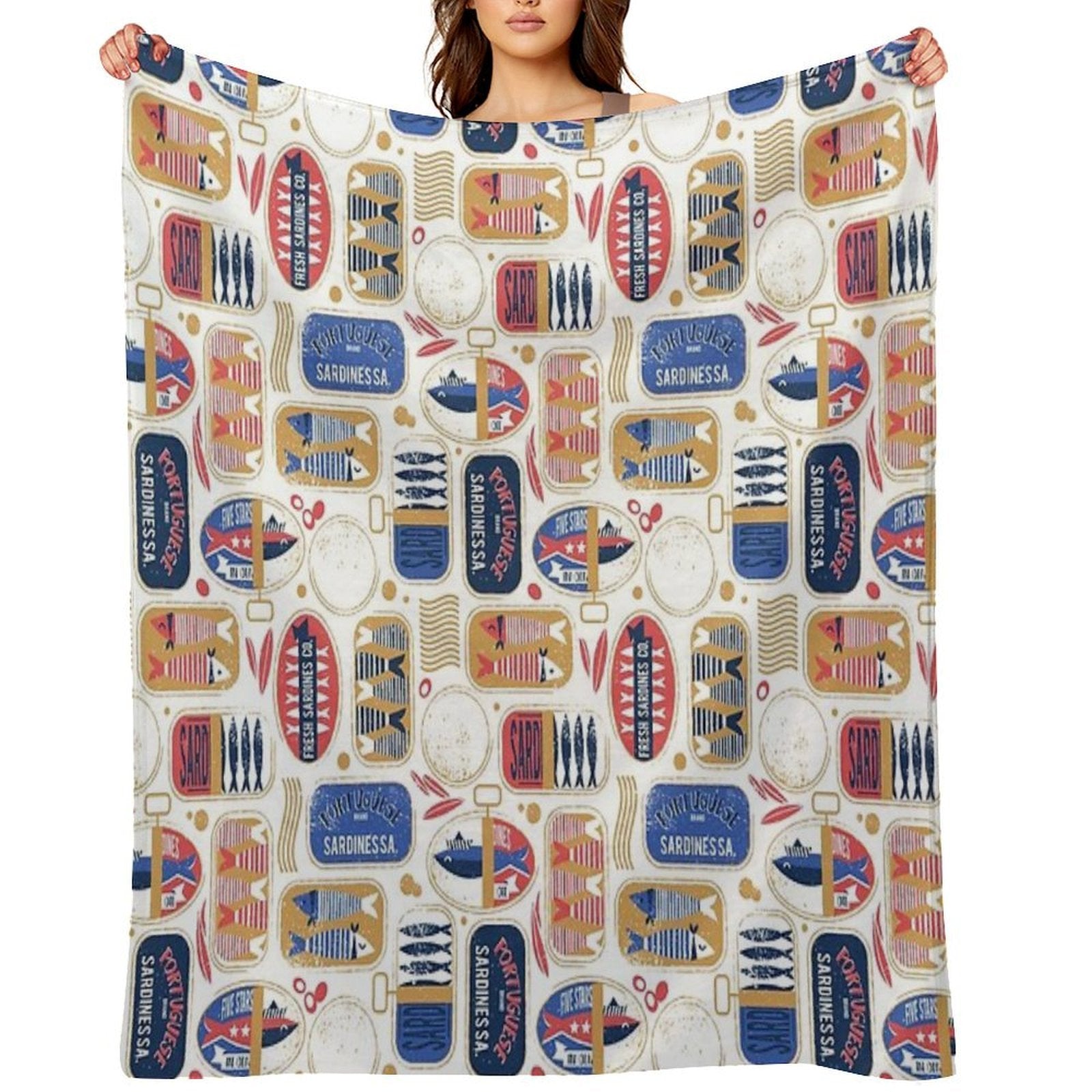 Vintage Canned Sardines  White Background Electric Blue And Mandy Red Cans Velvety-soft Throw Blanket