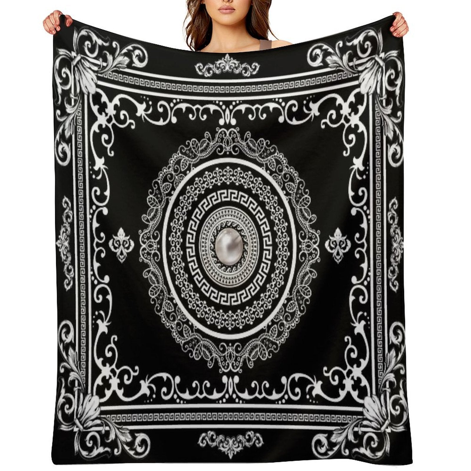 Baroque Ornate White Black Greek Key Travel-friendly Throw Blanket