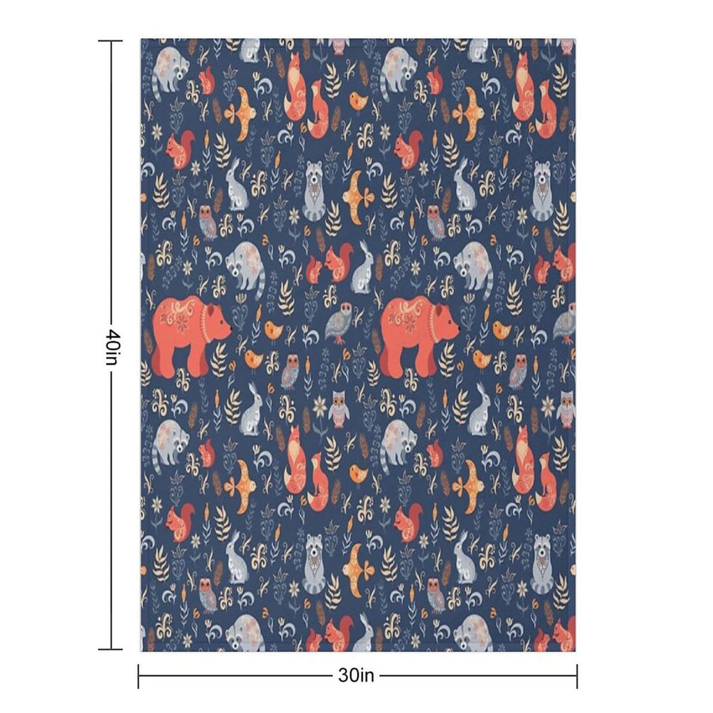 Fairy-tale Forest. Fox, Bear, Raccoon, Owls, Rabbits, Flowers And Herbs on A Blue Background. Plush Throw Blanket