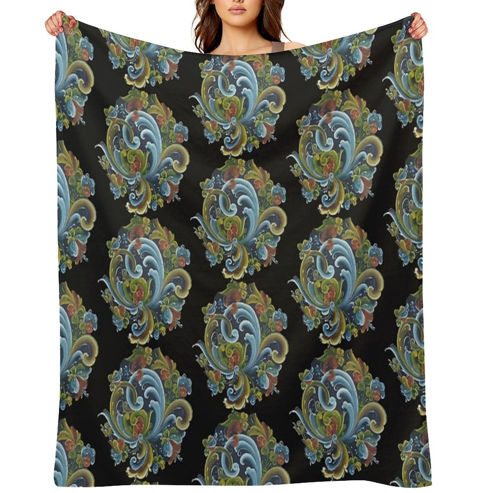 Traditional Norwegian Telemark Rosemaling Plush Throw Blanket