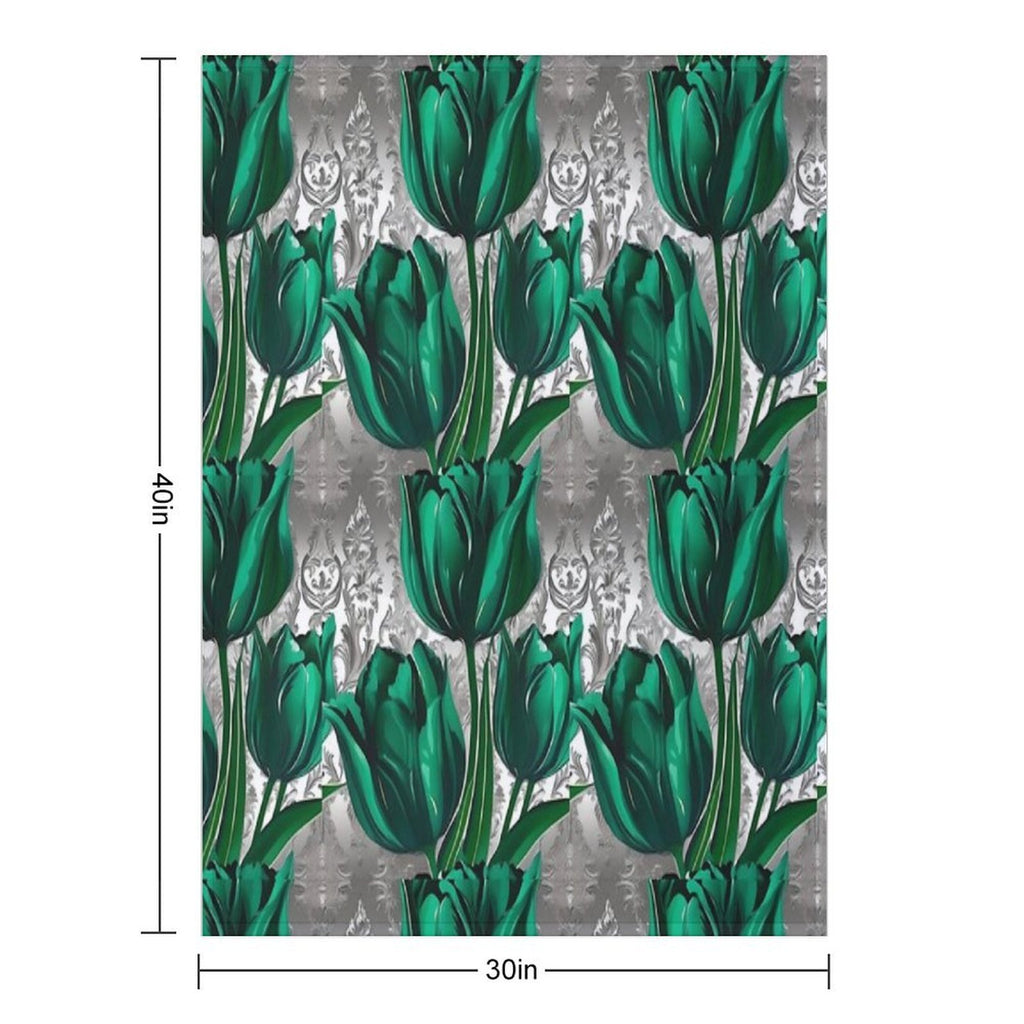Emerald Green Tulips with Silver Baroque Machine-washable Throw Blanket