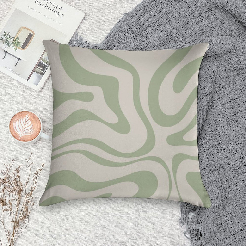 Liquid Swirl Abstract Pattern in Beige And Sage Green Soft Shrink-Resistant Throw Pillow