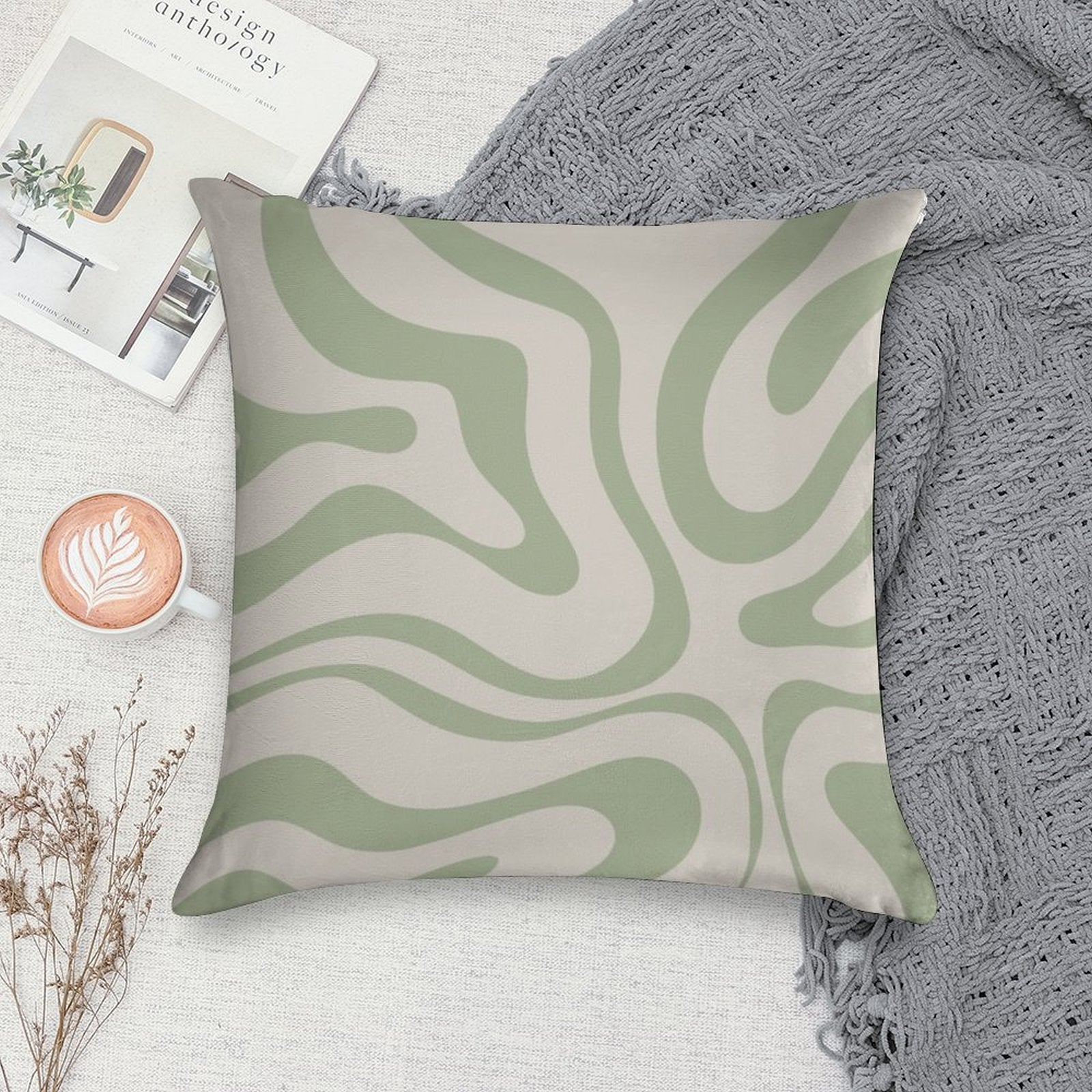 Liquid Swirl Abstract Pattern in Beige And Sage Green Soft Shrink-Resistant Throw Pillow