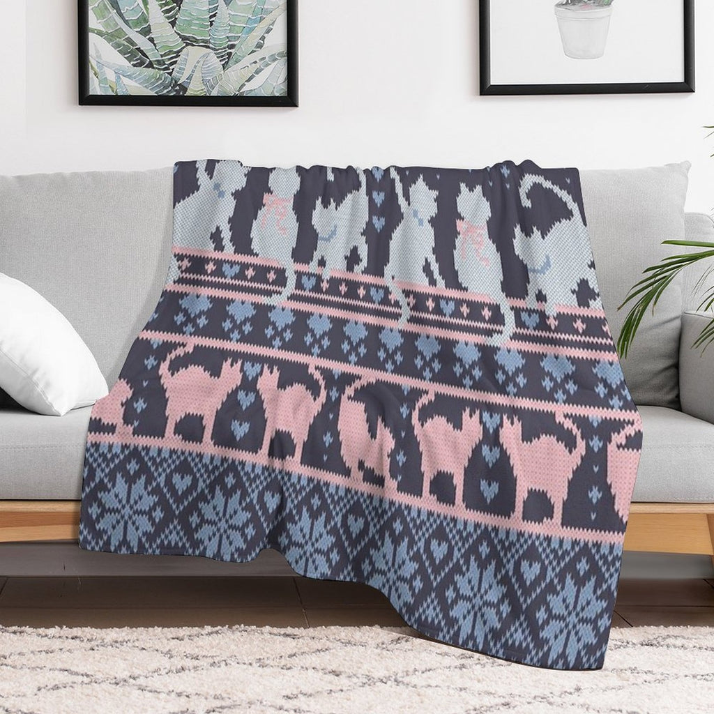 Fair Isle Knitting Cats Love  Dark Violet Background White And Violet Kitties And Details Travel-friendly Throw Blanket