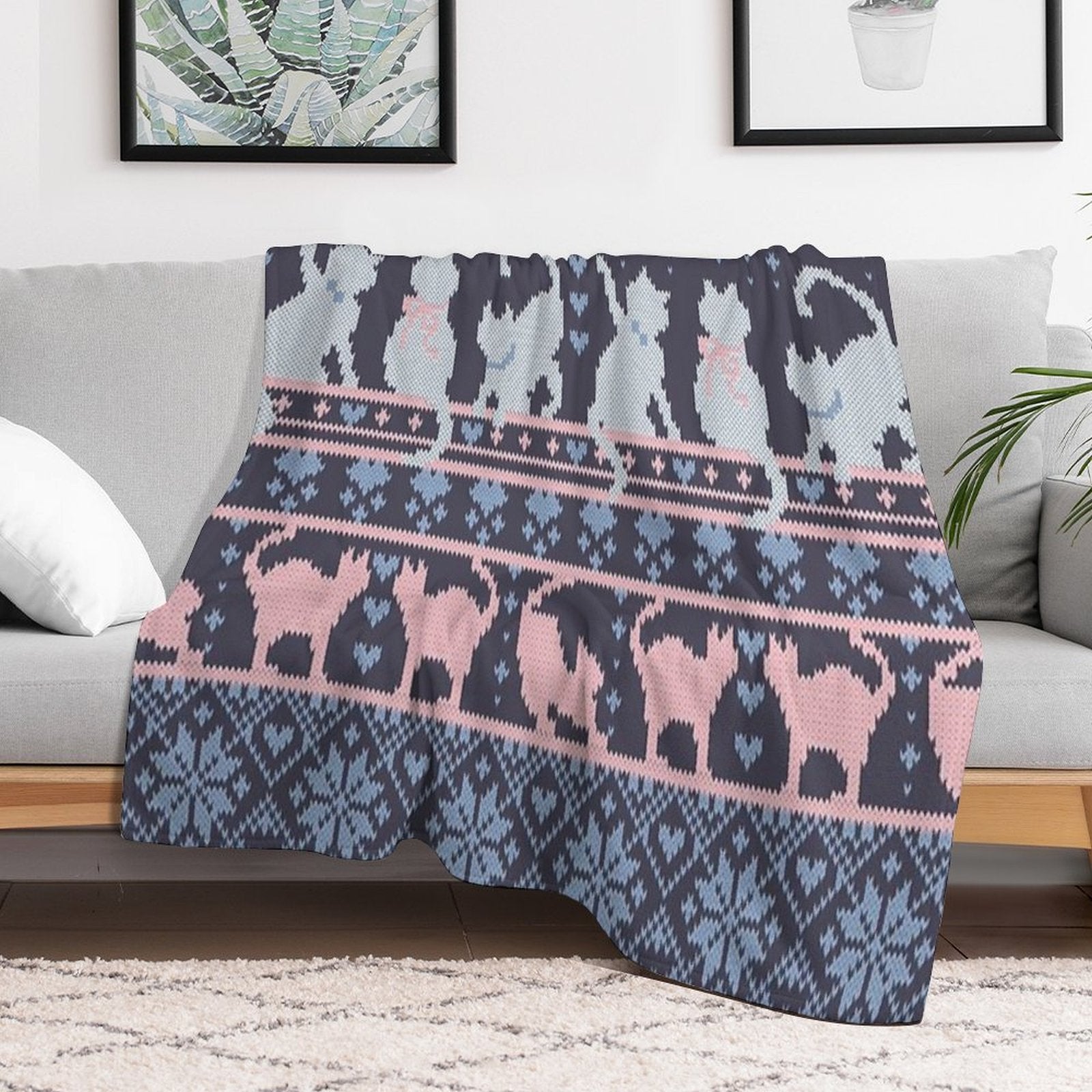 Fair Isle Knitting Cats Love  Dark Violet Background White And Violet Kitties And Details Travel-friendly Throw Blanket