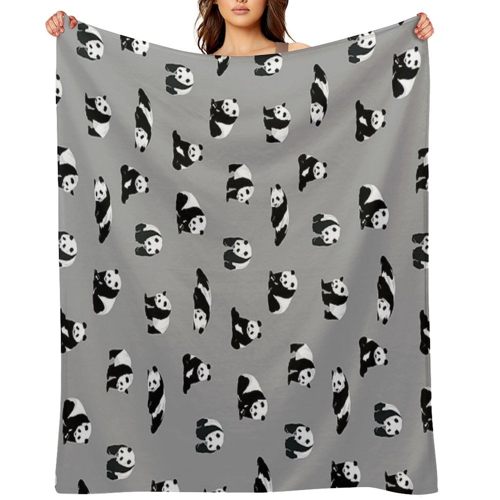 Pandas on Grey Quick-dry Throw Blanket