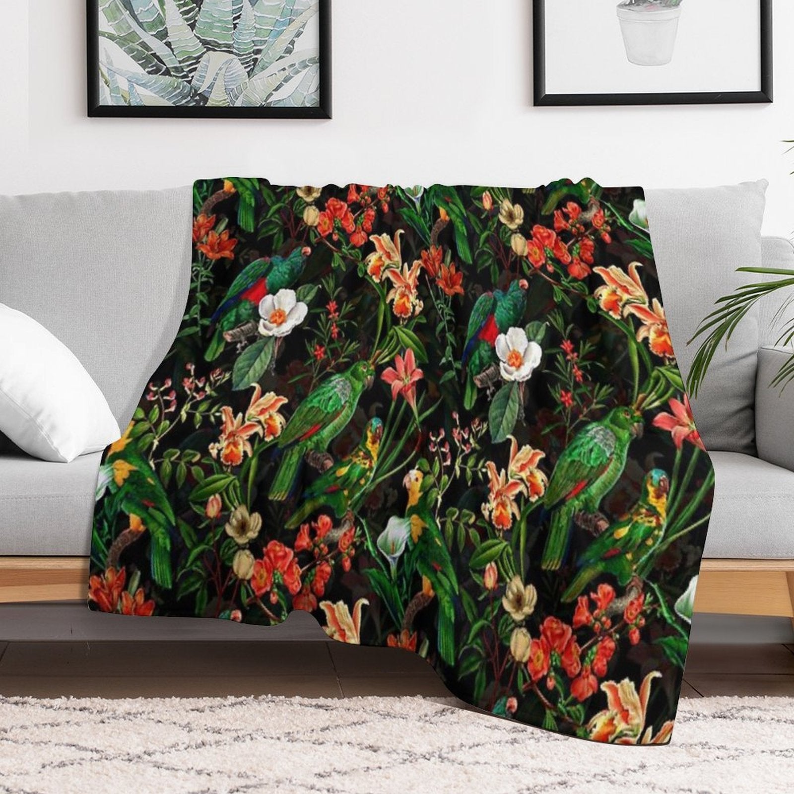 Pierre Joseph Redoute Tropical Vintage Jungle Flowers And Parrots Nostalgic Mystic Botanical Night Garden Pattern Nightgarden Anti-pilling Throw Blanket