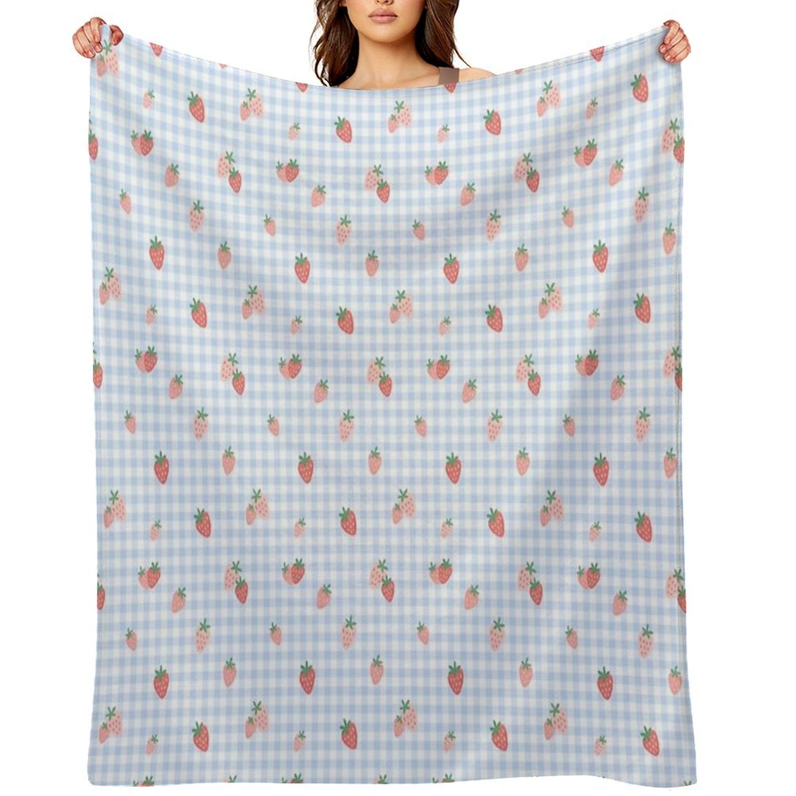 Strawberry Gingham Blue Cottagecore Pattern Plush Throw Blanket