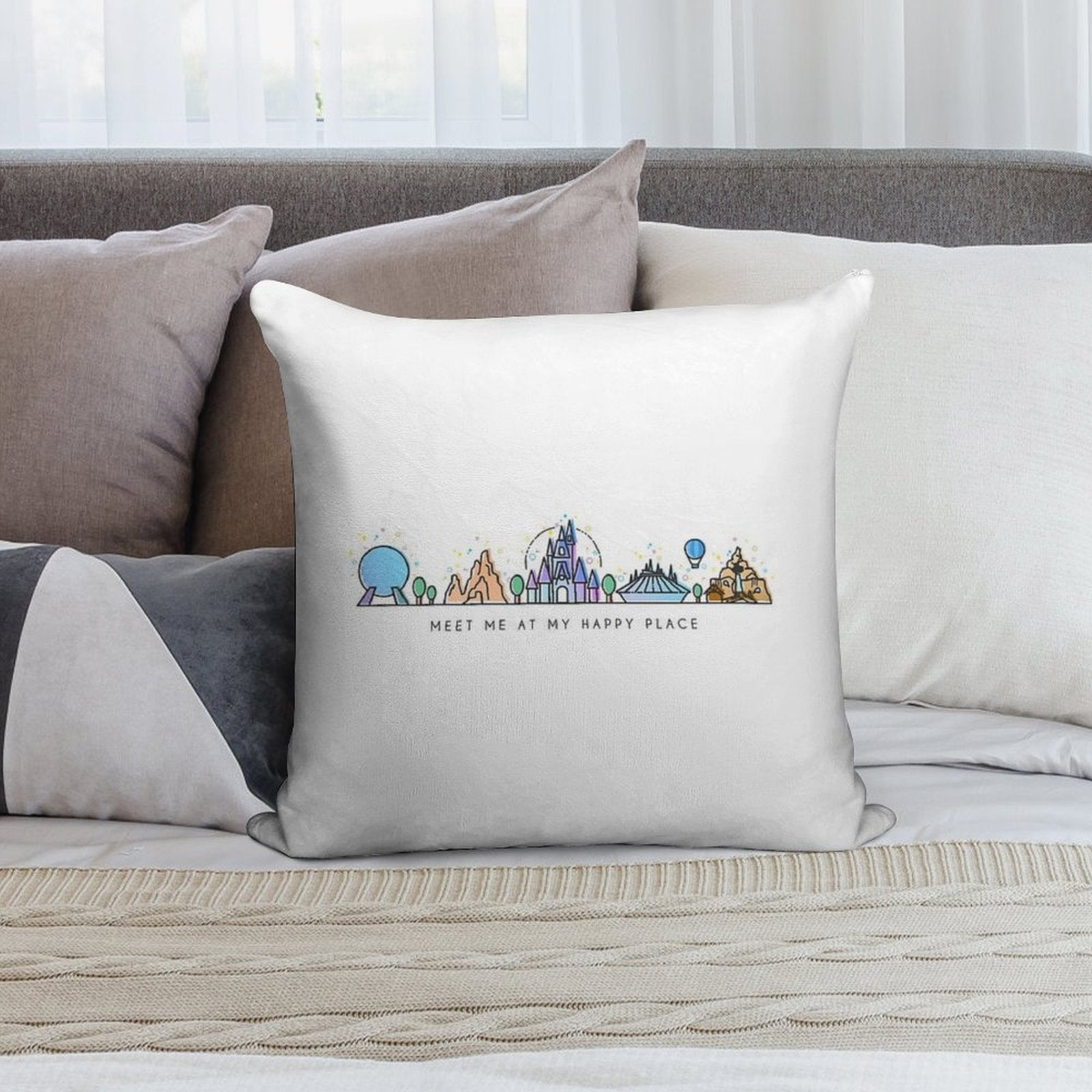 Meet Me at My Happy Place Vector Orlando Theme Park Illustration Design Soft Style Accent Throw Pillow