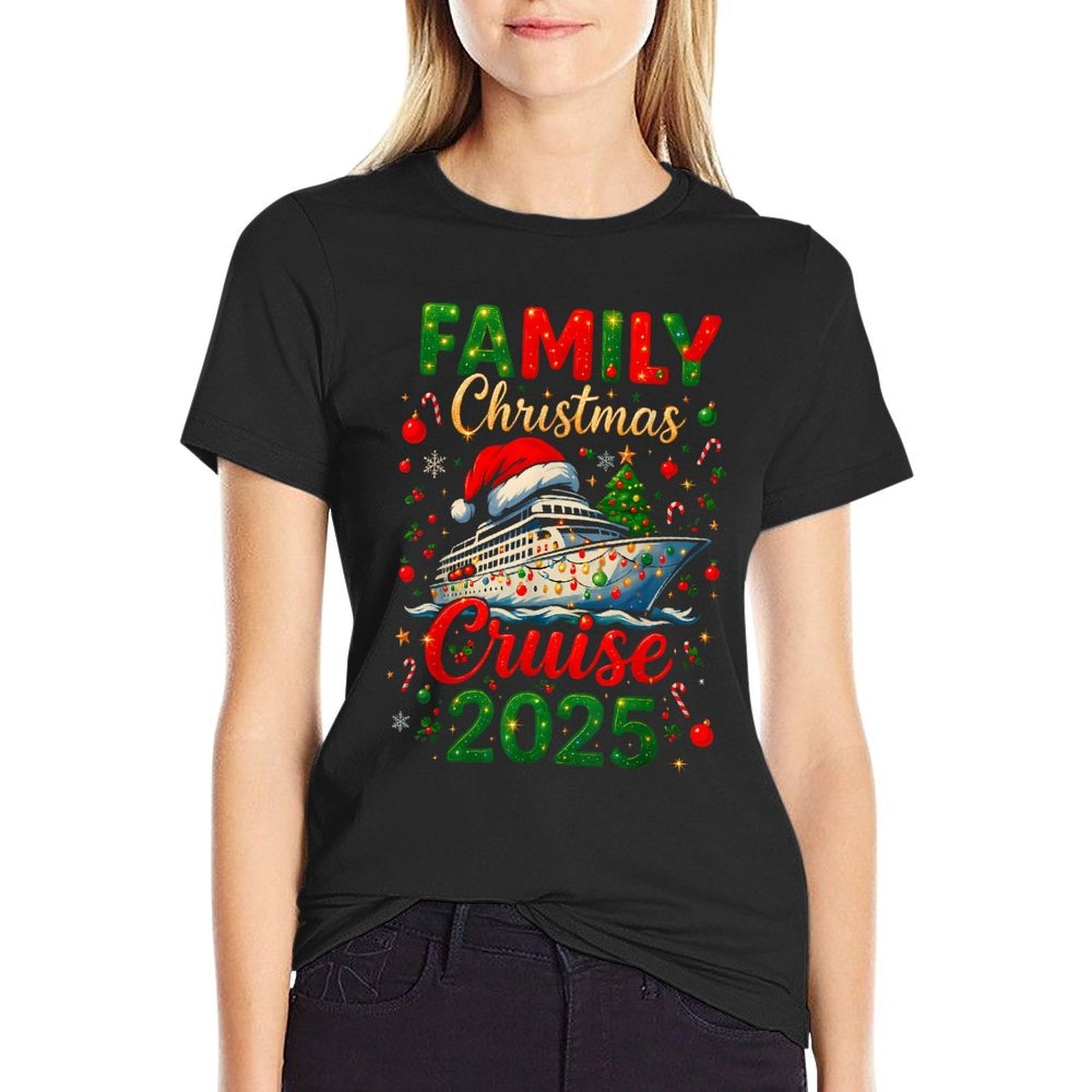 Family Christmas Cruise 2025 Matching Family Cruise Holiday  Ribbed Collar T-Shirt