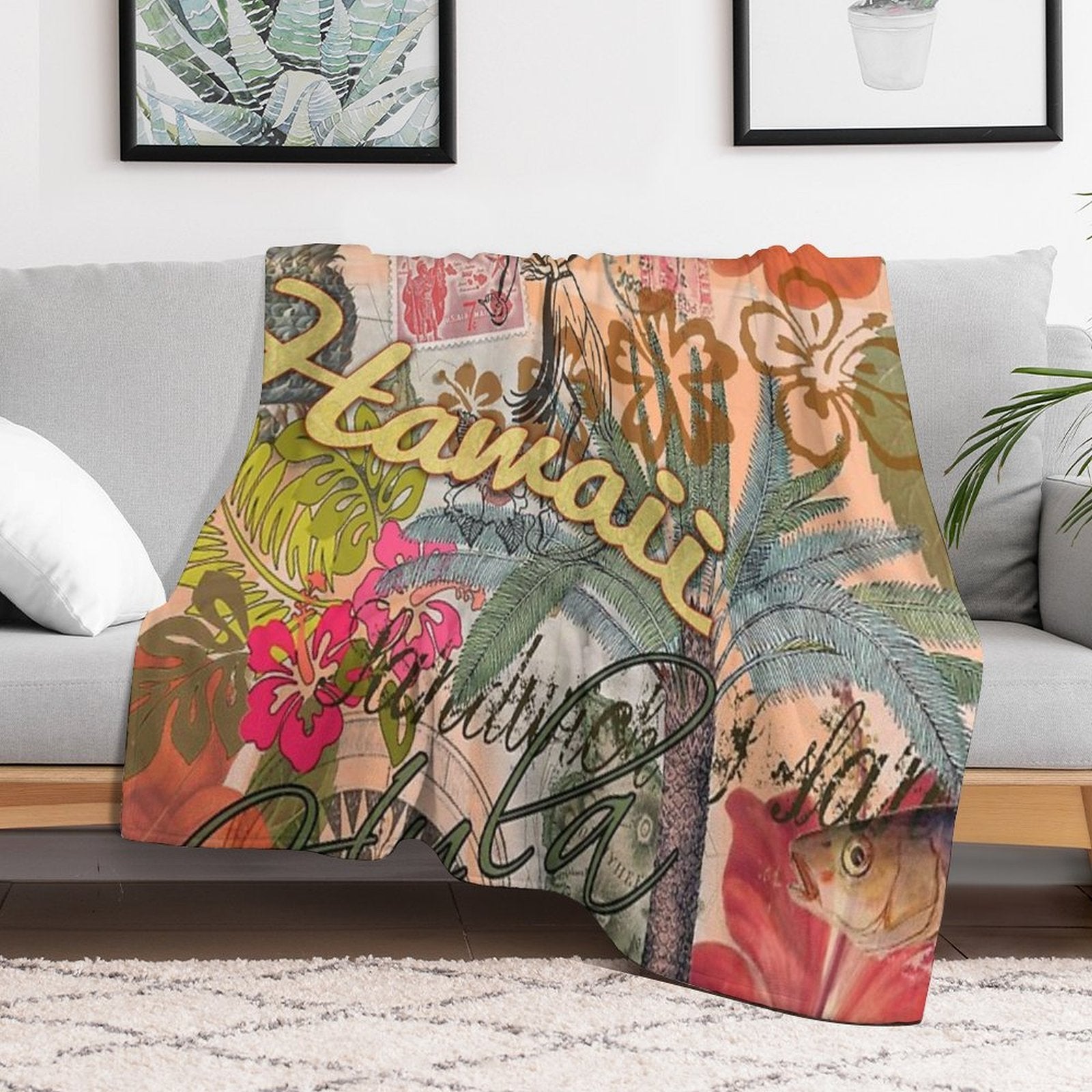 Vintage Hawaii Travel Colorful Hawaiian Tropical Collage All-season Throw Blanket