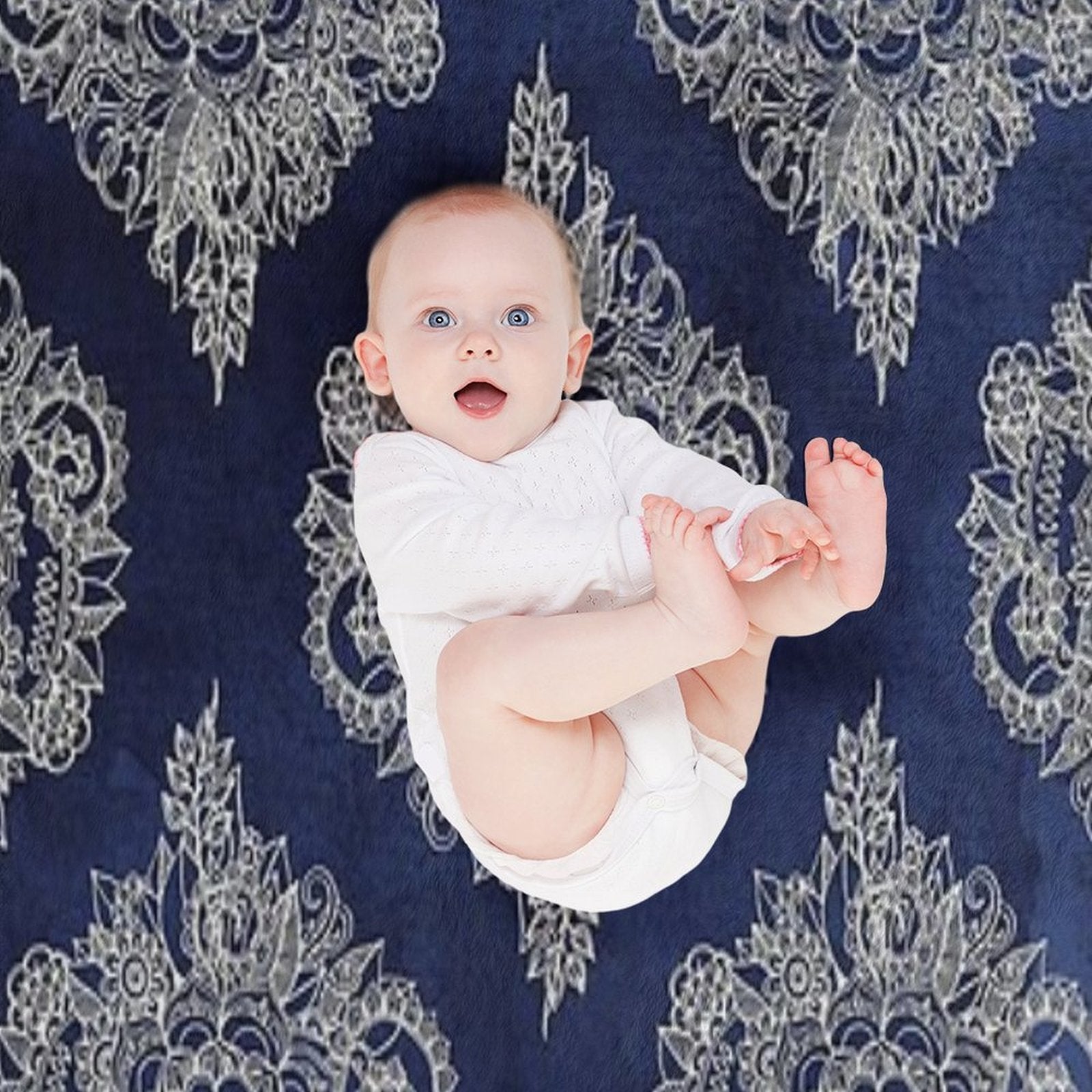Cream Floral Moroccan Pattern on Deep Indigo Ink Eco-conscious Throw Blanket