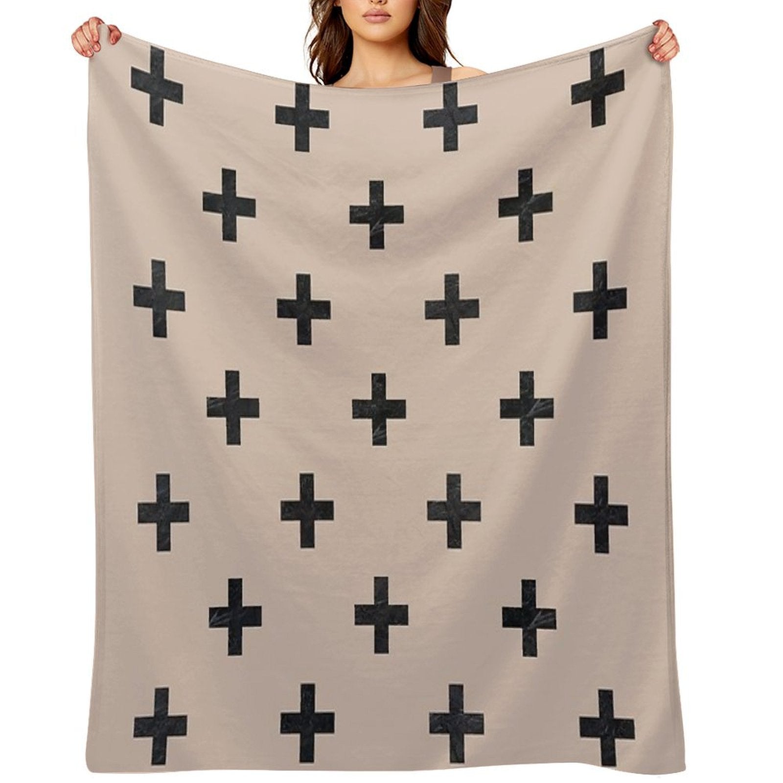 Beige And Black Textured Swiss Cross Pattern Lightweight Throw Blanket
