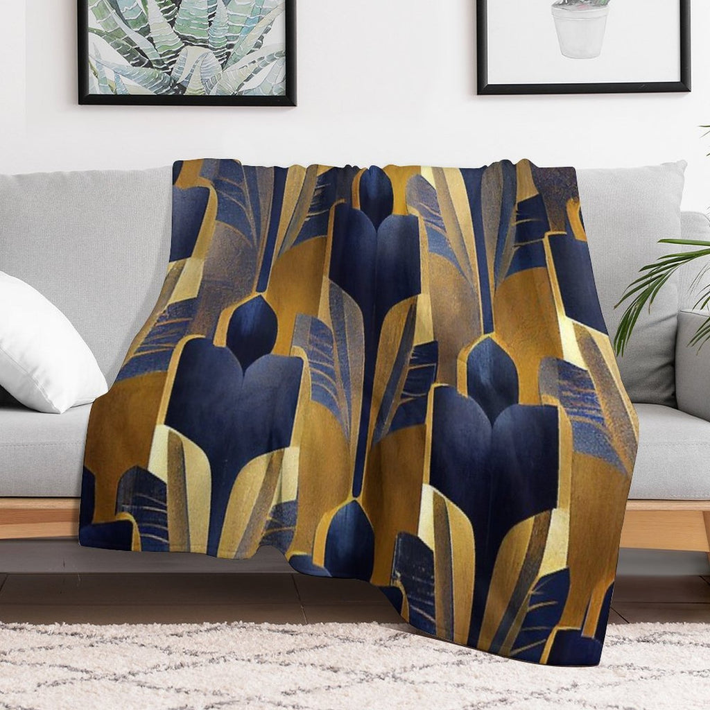 Vintage Royal Blue And Golden Art Deco Pattern Premium Throw Blanket