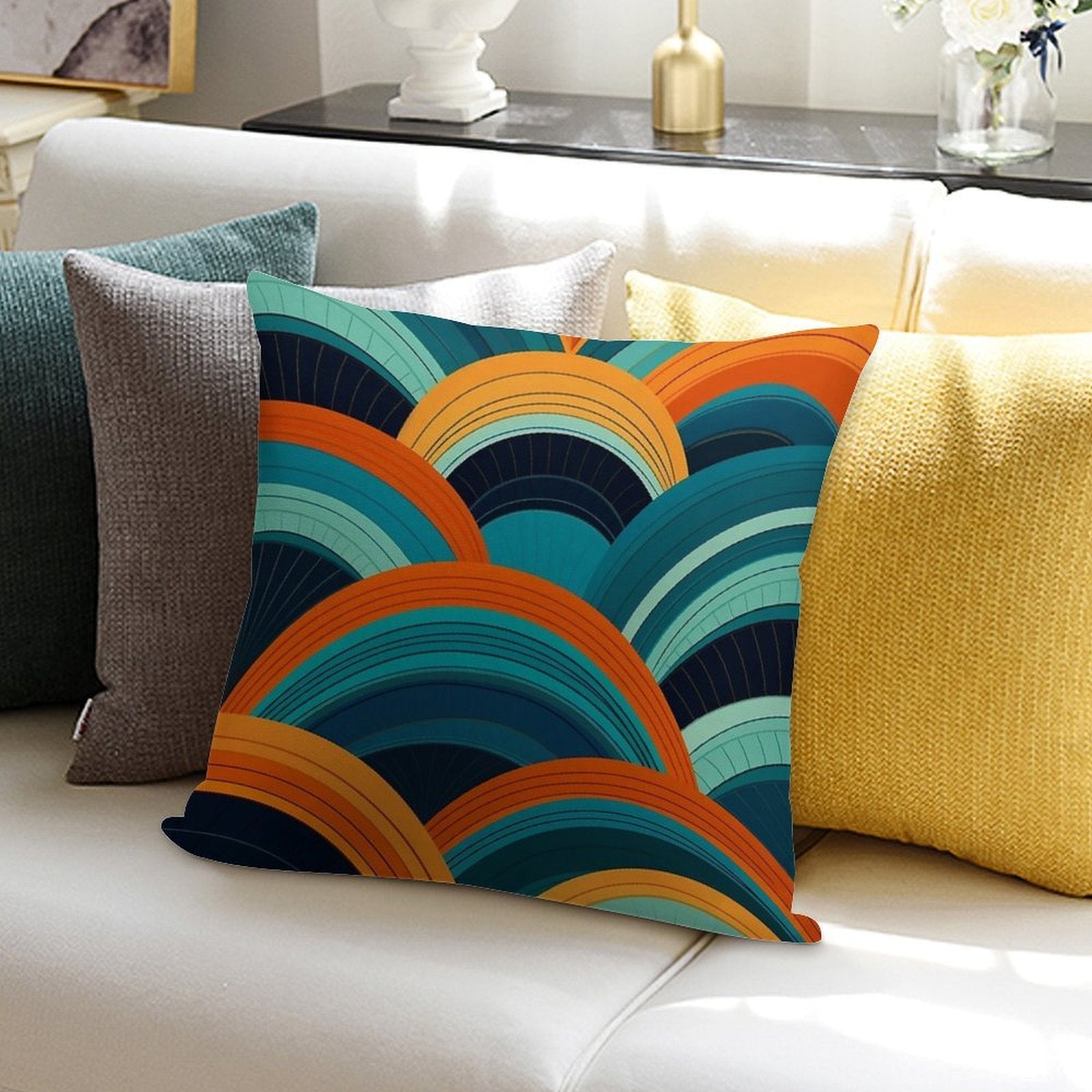 Mid-Century Dreamscape Teal And Orange Curved Lines Pattern Soft Shrink-Resistant Throw Pillow