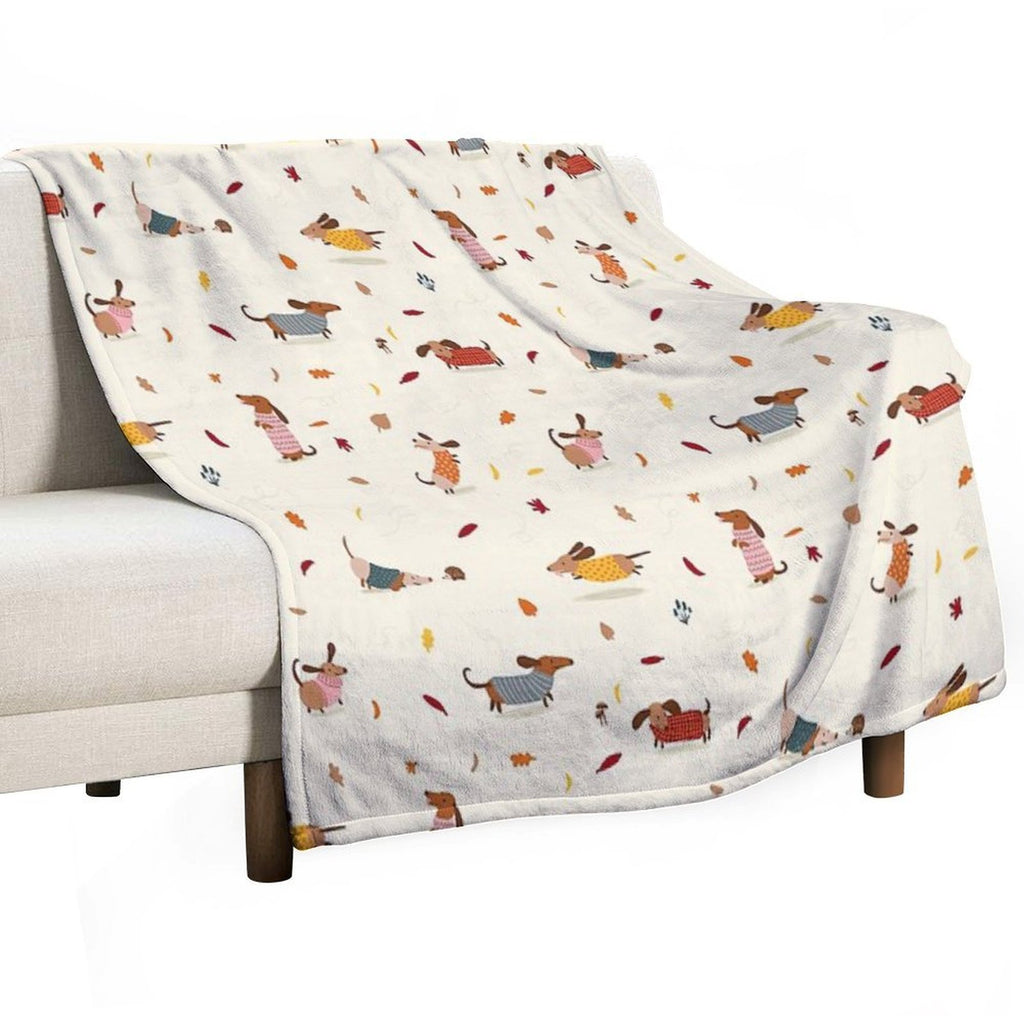 Cute Dachshunds in Winter Sweaters with Autumn Leaves Comfort Throw Blanket