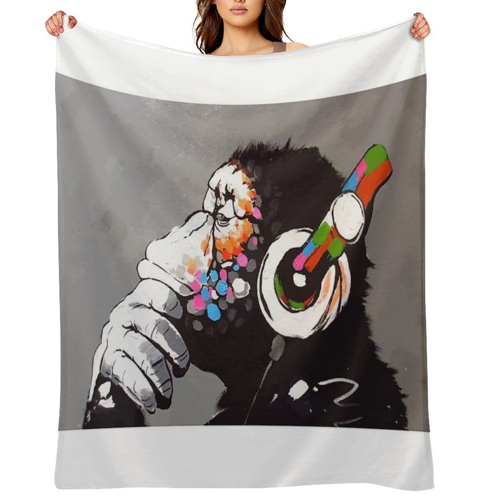Banksy DJ Monkey Thinker with Headphones Velvety-soft Throw Blanket