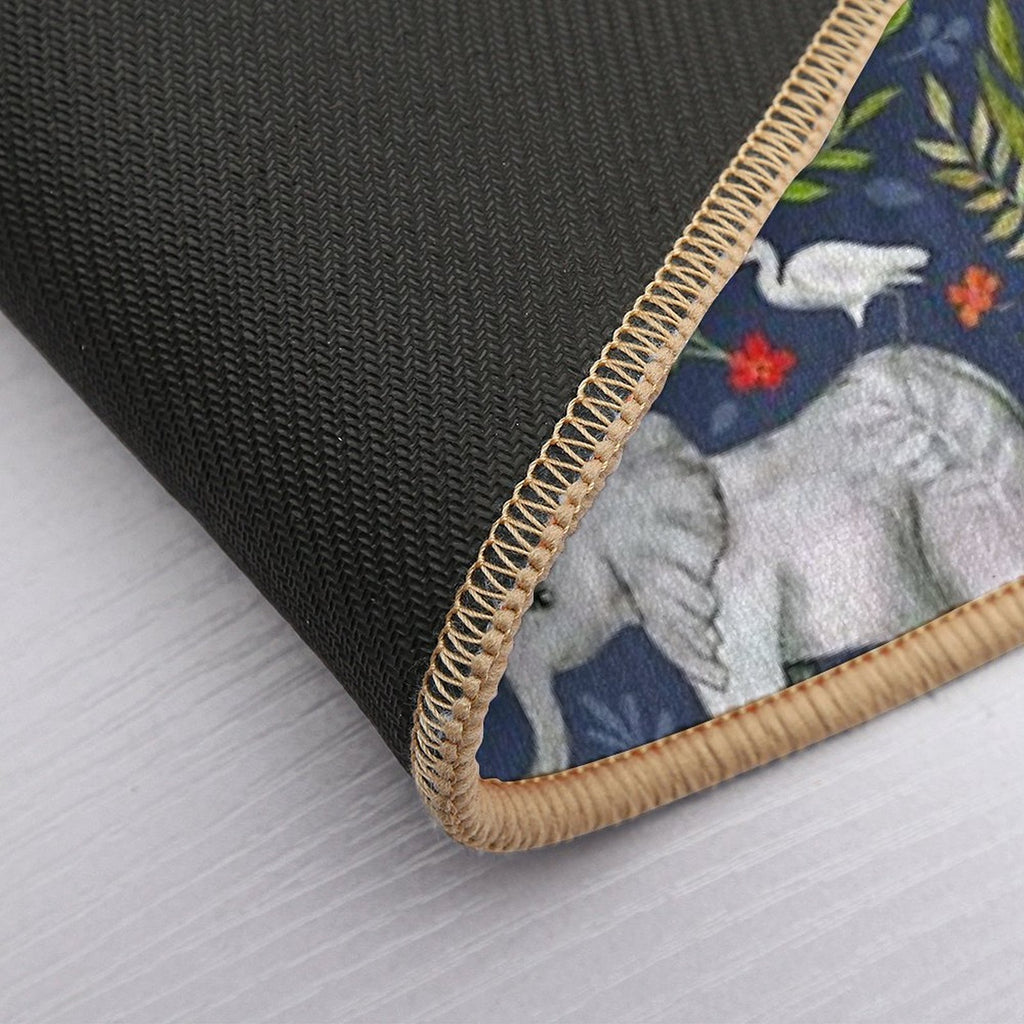Baby Elephants And Egrets in Watercolor - Navy Blue  Odorless Bath Mat