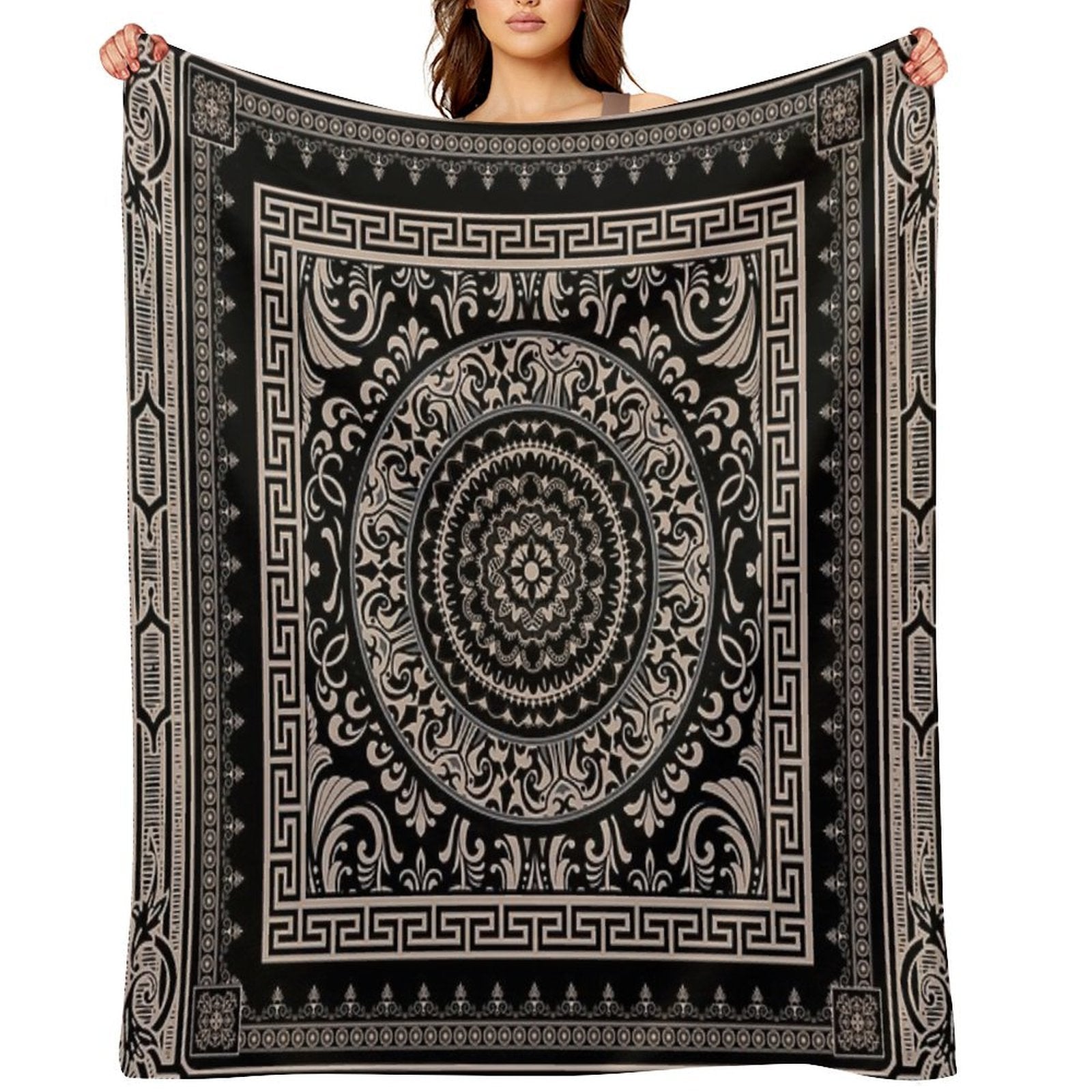 Ornate Baroque Black Khaki Greek Key Travel-friendly Throw Blanket