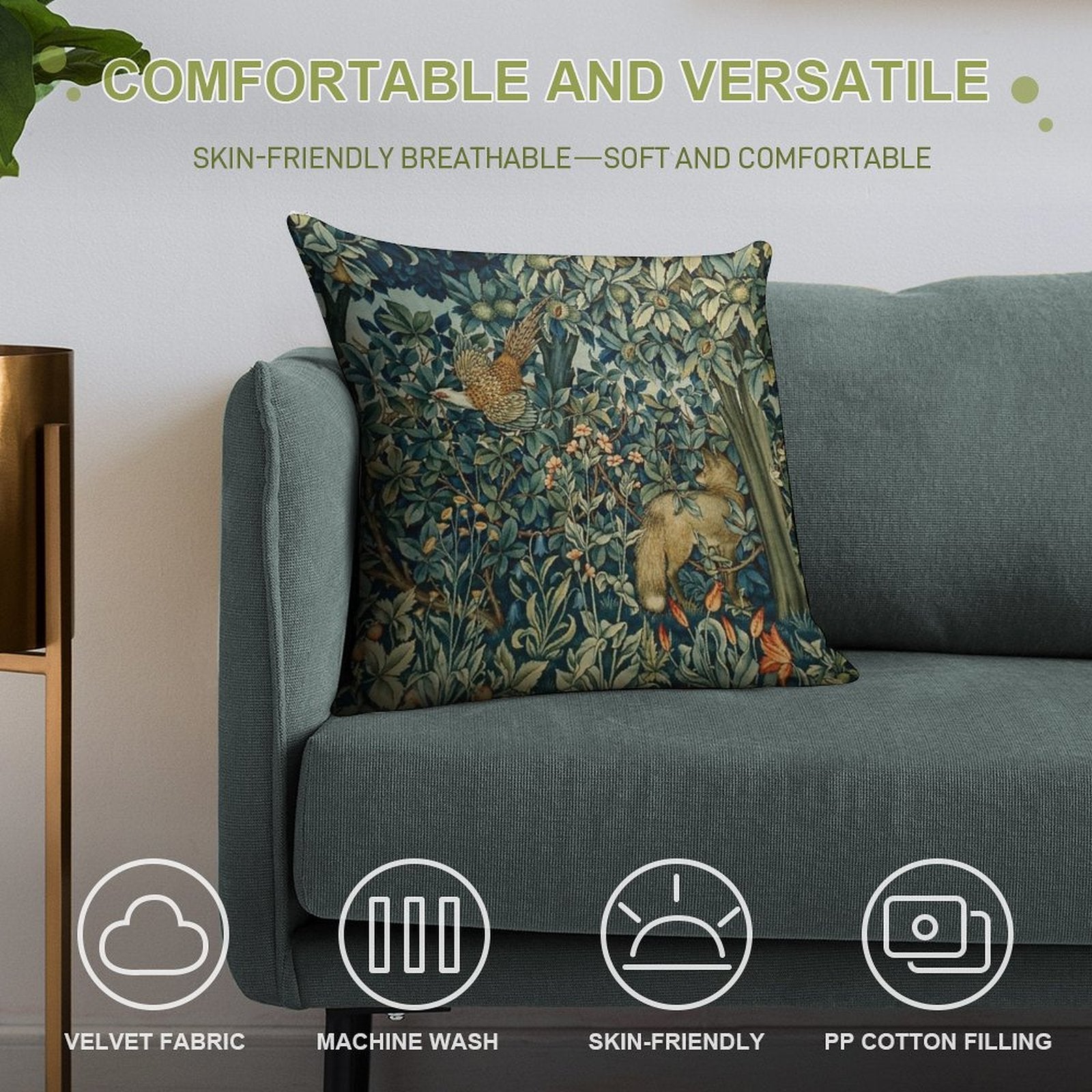 GREENERY, FOREST ANIMALS Pheasant And Fox Blue Green Floral Tapestry Soft Durable Construction Throw Pillow