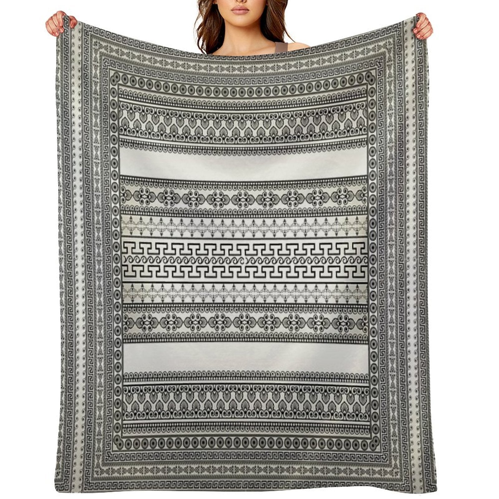 Greek Key Border Cream White Black Floral Premium Throw Blanket