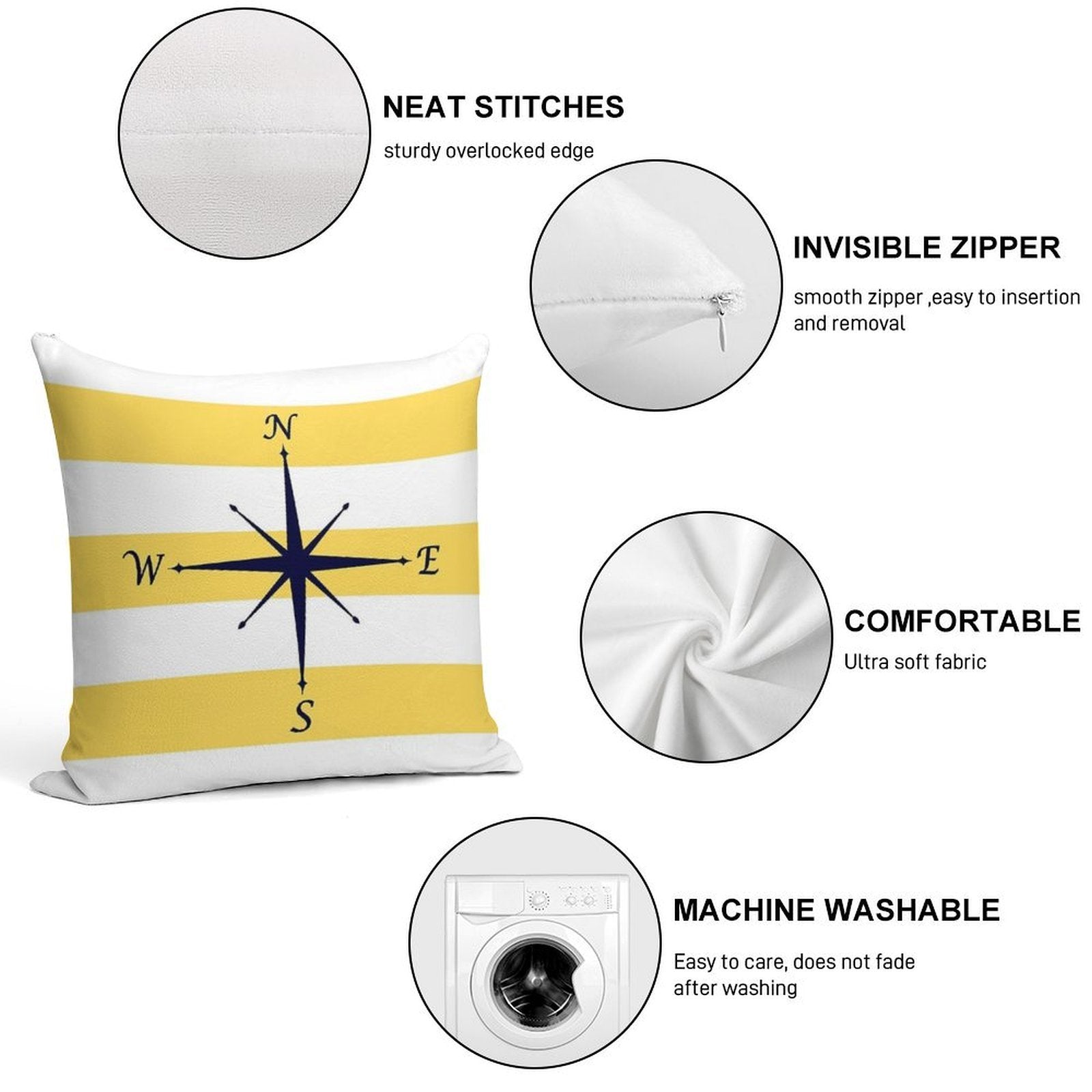Navy Blue Compass On Mustard Yellow And White Stripes Soft Fade-Resistant Throw Pillow