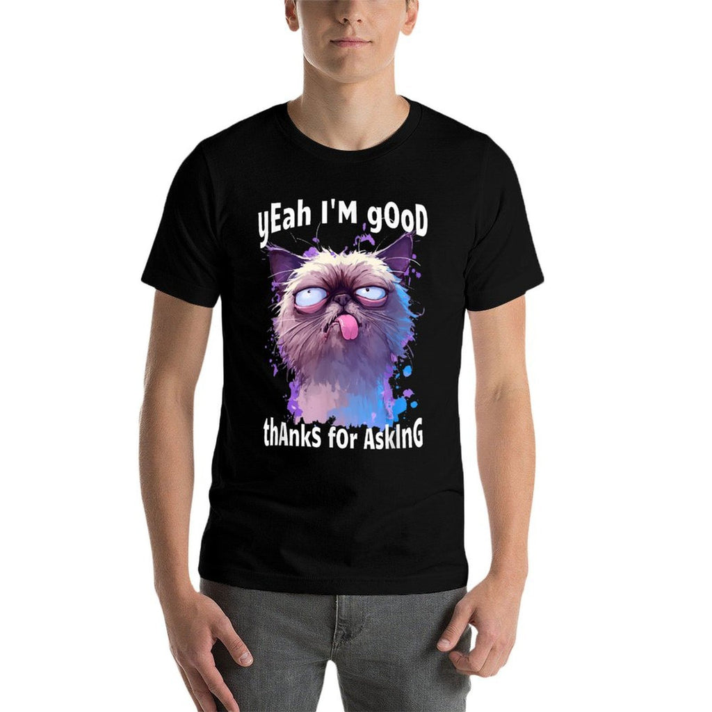 Funny Cat Face Meme Cat Stressed Kitty Yeah Im Good Thanks  Rolled Sleeves T-Shirt