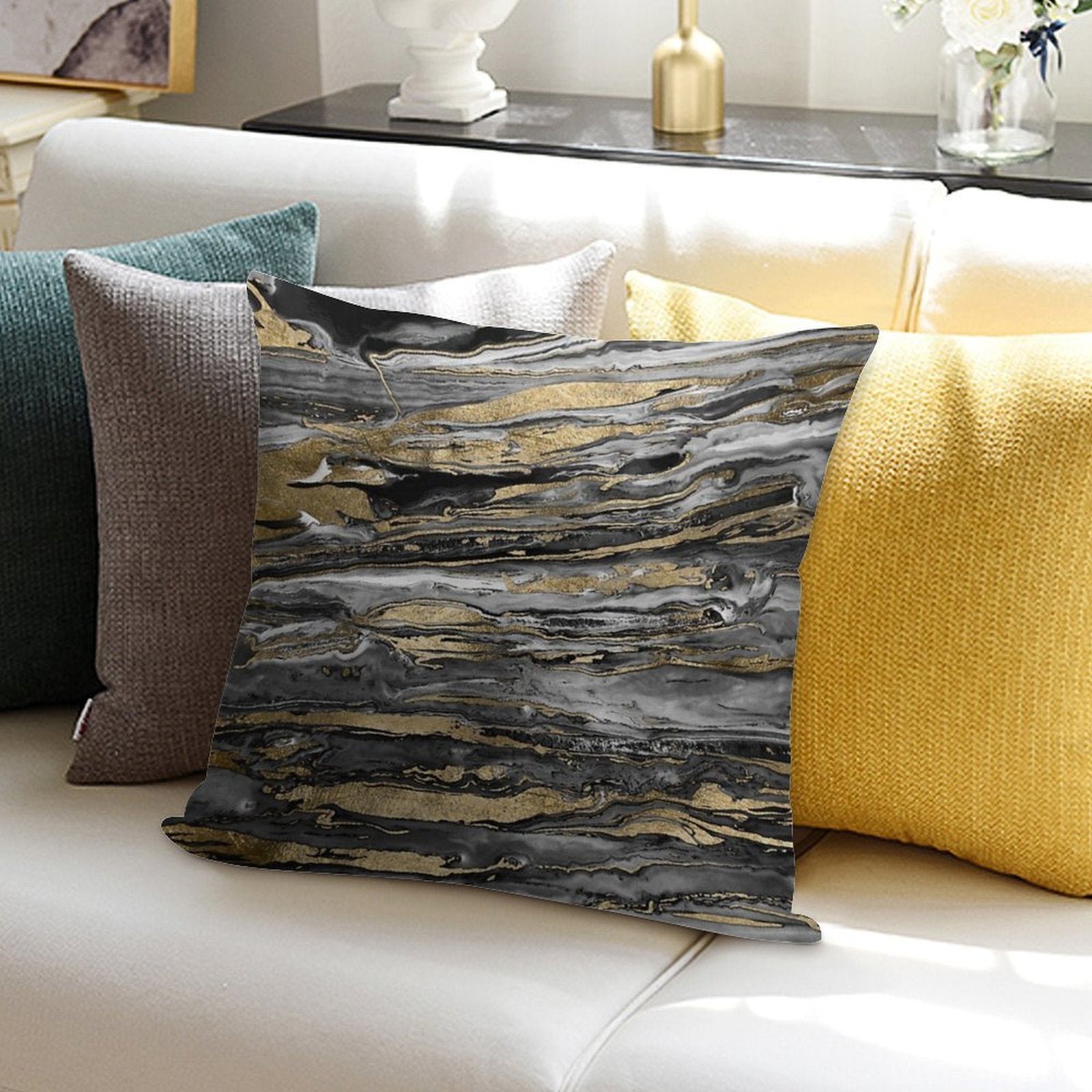 Stylish Grey Gold Abstract Marble Soft Easy Maintenance Throw Pillow