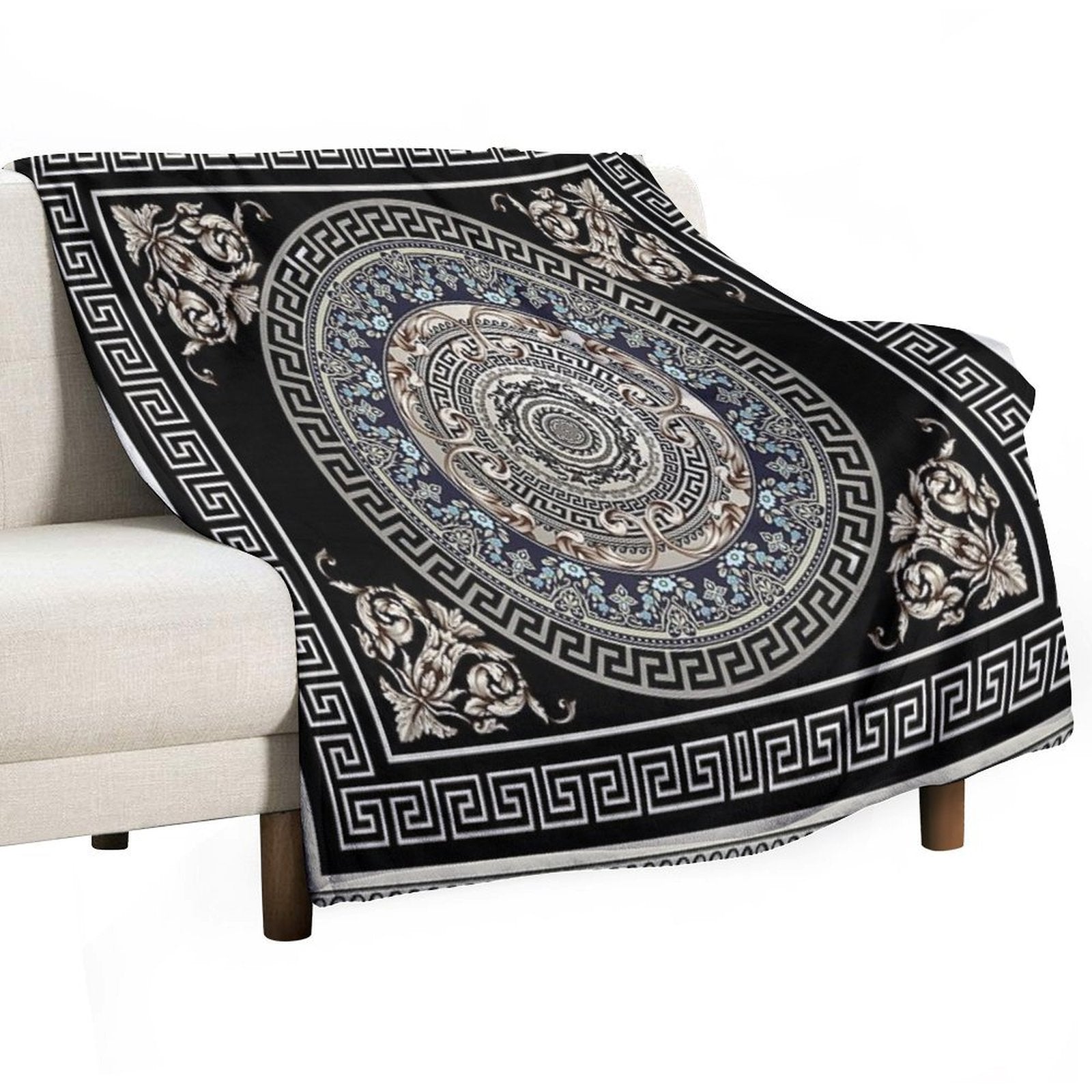 Greek Key Meander Cream Blue Black Medallion Ornate Baroque Versatility Throw Blanket